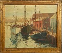  Large Antique American School Nicely Framed Gloucester Harbor Rare Oil Painting