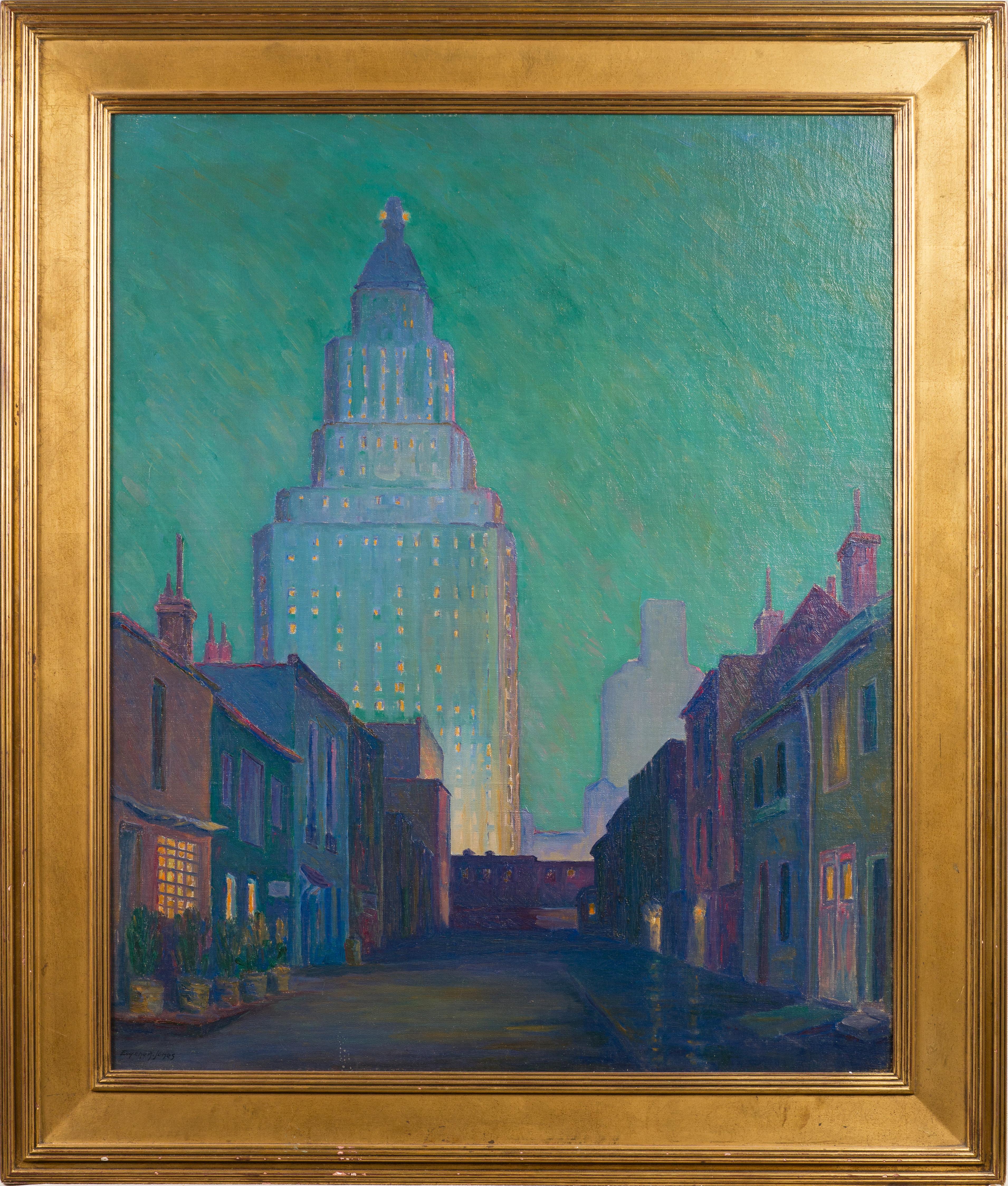 Gran cuadro al óleo antiguo de la Escuela Americana Paisaje nocturno de ciudad bien enmarcado - Painting de Unknown