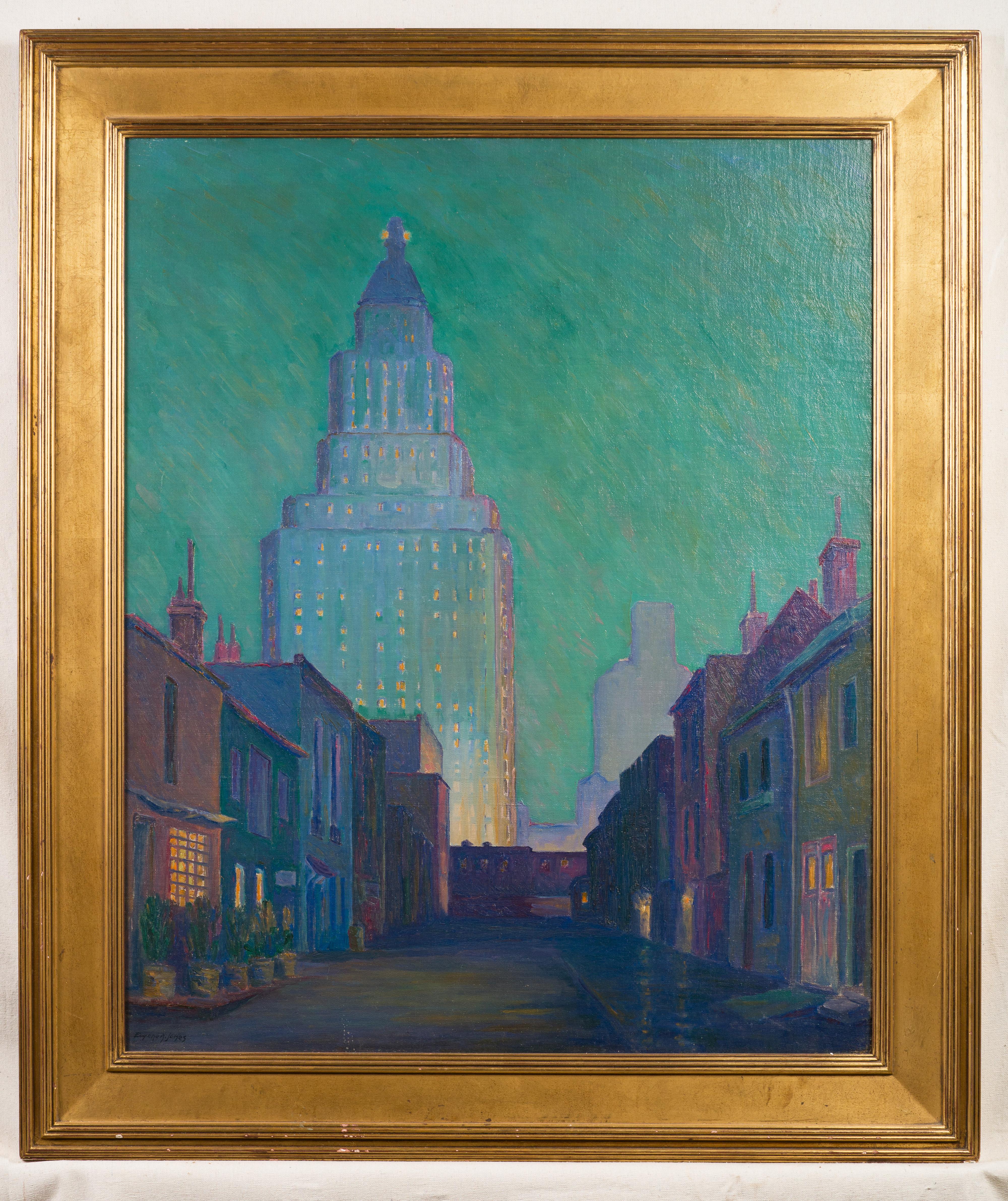 Gran cuadro al óleo antiguo de la Escuela Americana Paisaje nocturno de ciudad bien enmarcado - Painting Moderno de Unknown