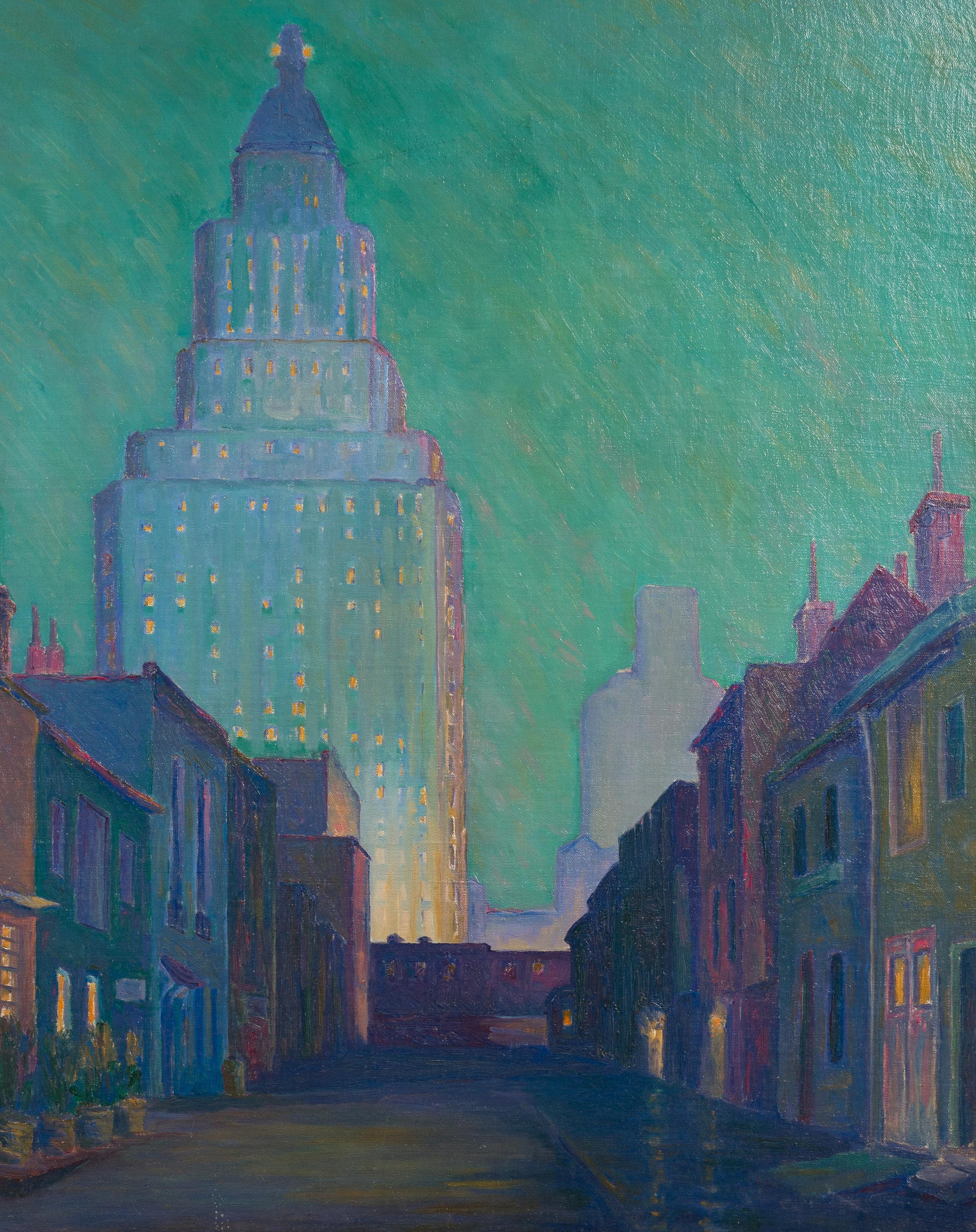 Gran cuadro al óleo antiguo de la Escuela Americana Paisaje nocturno de ciudad bien enmarcado 1