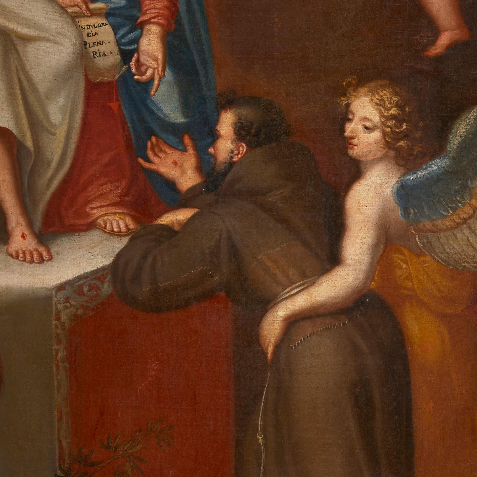 Ein großes antikes christliches Gemälde mit der Vision des Heiligen Francis
Französisch, 19. Jahrhundert
Rahmen: Höhe 168cm, Breite 125cm, Tiefe 5cm
Leinwand: Höhe 146cm, Breite 113cm

Dieses beeindruckende Gemälde, das in Öl auf Leinwand ausgeführt