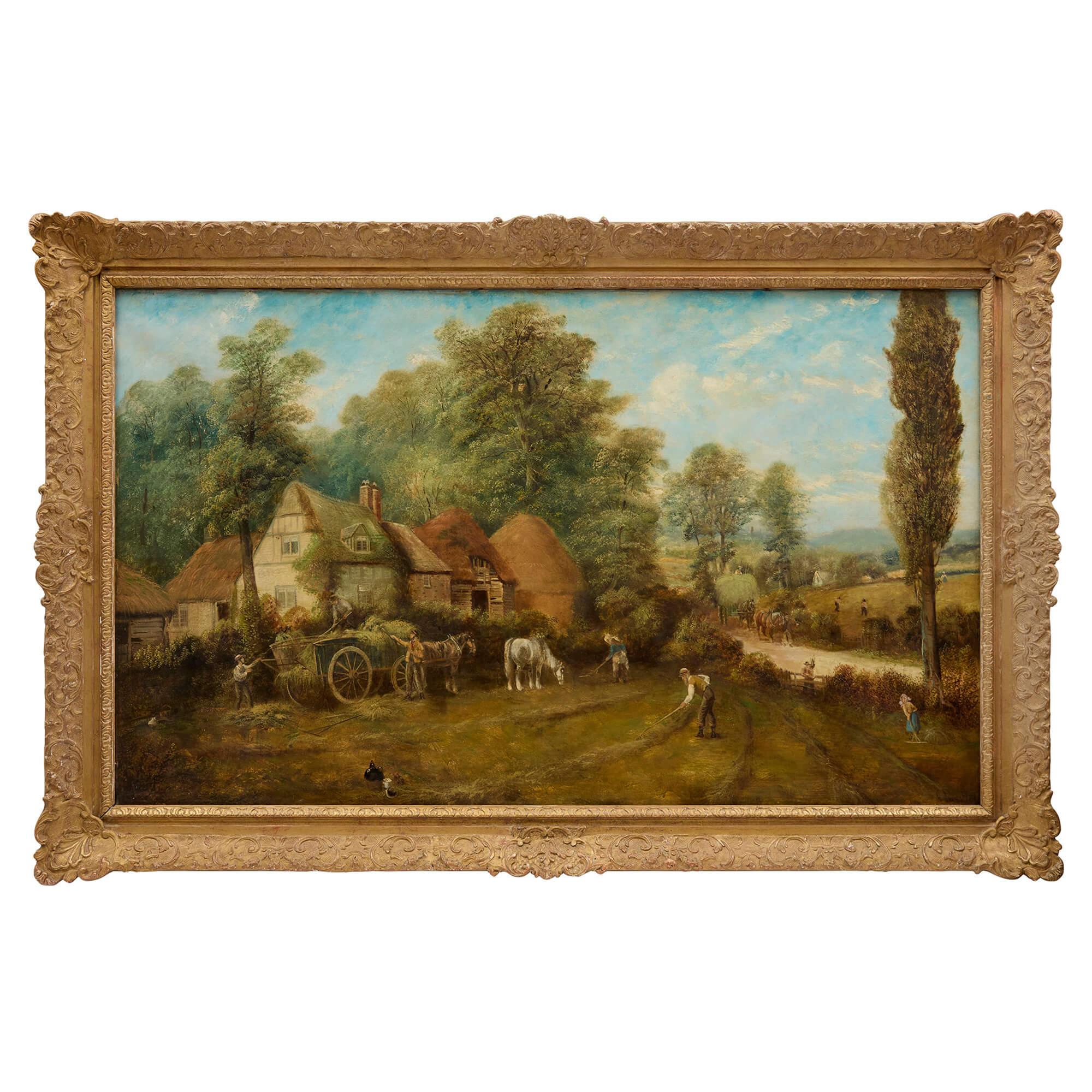 Landscape Painting de Unknown - Gran Óleo Antiguo Inglés Paisaje Granja Yorkshire