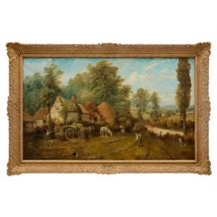 Large Antique English Oil Painting Landscape Farmyard Yorkshire