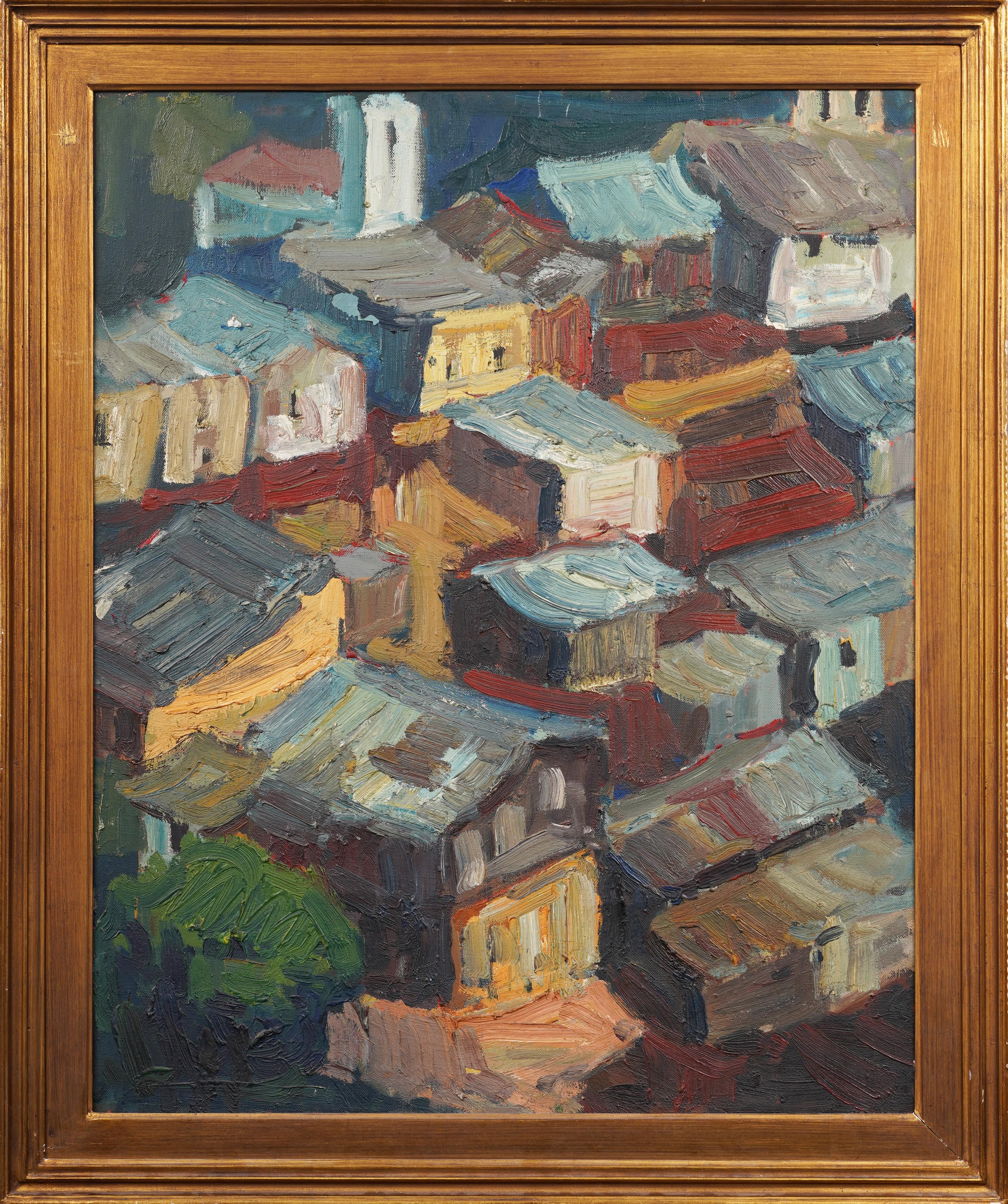 Grande dipinto ad olio astratto antico europeo modernista con vista sul tetto di Townes, incorniciato - Painting di Unknown