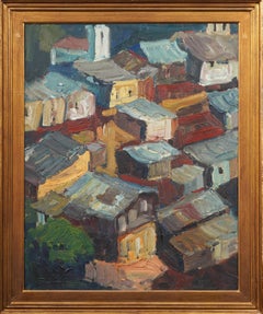 Large Antique European Modernist Rooftop Town View Framed Abstract Oil Painting