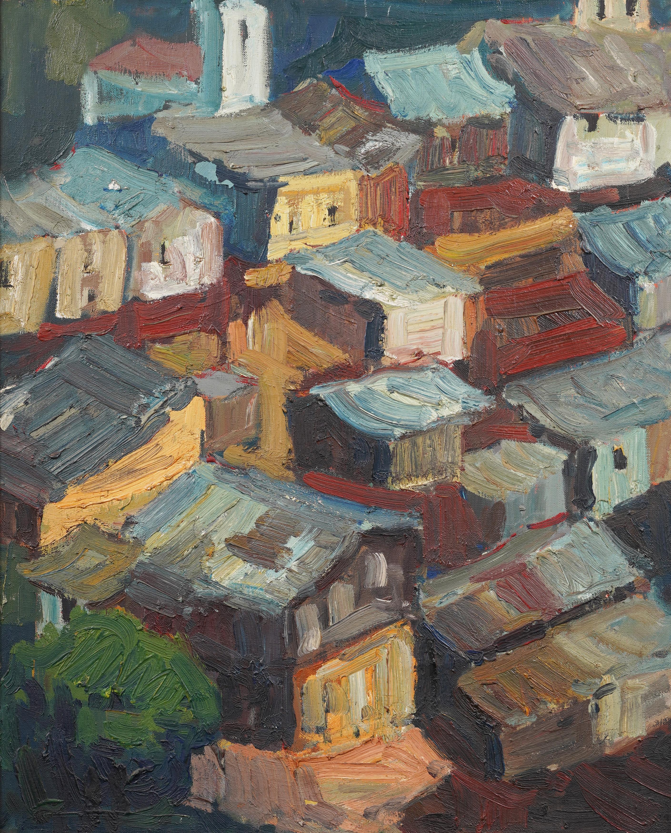 Grande dipinto ad olio astratto antico europeo modernista con vista sul tetto di Townes, incorniciato - Painting Astratto di Unknown