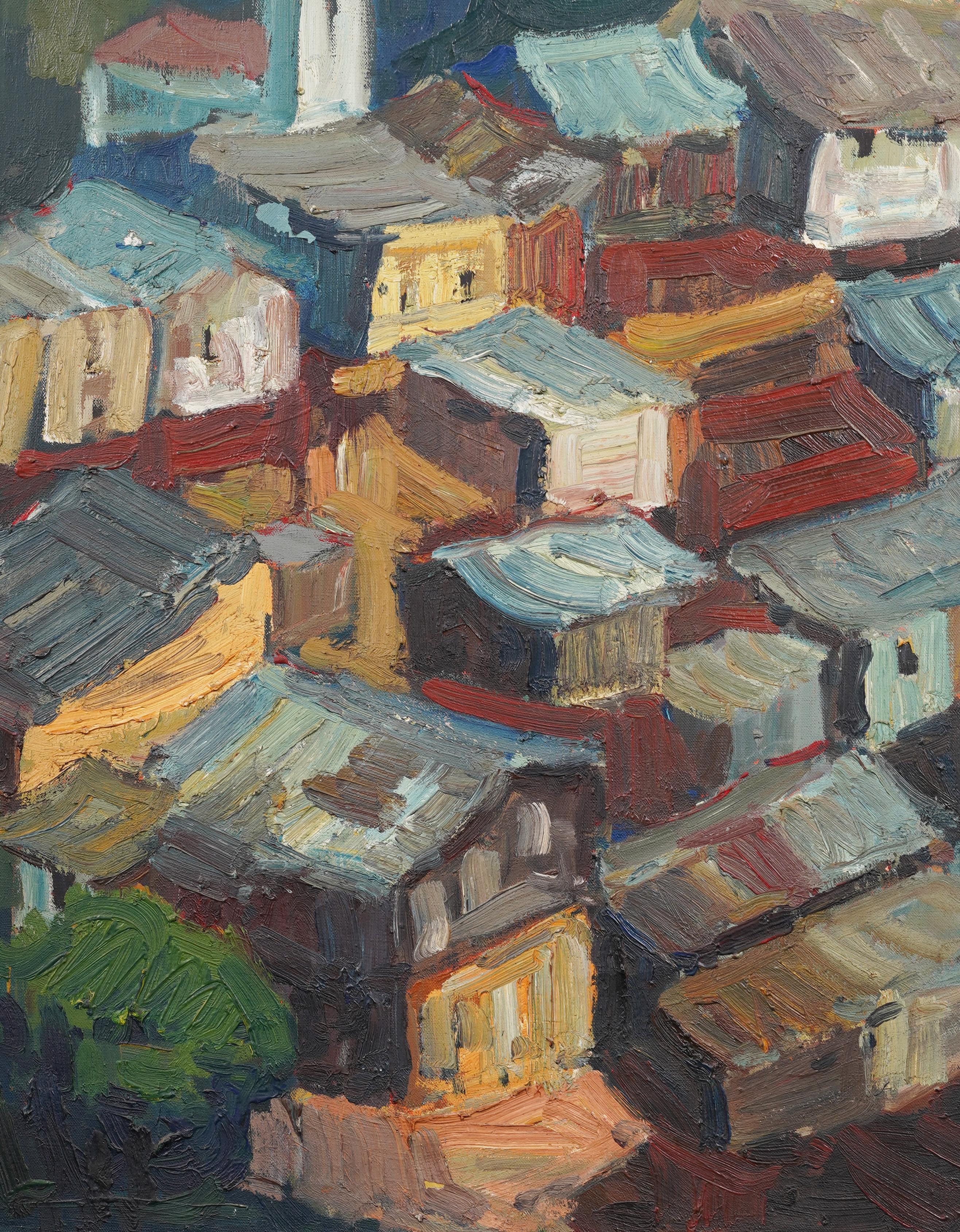 Impressionante dipinto a olio di paesaggio astratto dei primi anni del modernismo europeo.  Incorniciato.  Olio su tela.  Dimensioni dell'immagine, 39H x 32L.  Ottimo colore e impasto spesso.  Un dipinto davvero impressionante dal vivo.