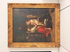 Large Antique European Oil Painting 19th Century Interior Genre Scene Children