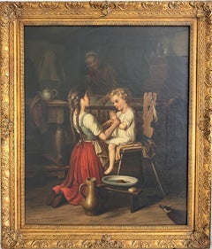 Large Antique European Oil Painting 19th Century Interior Genre Scene Children