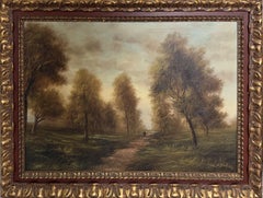 Großes antikes Ölgemälde auf Leinwand im Stil der europäischen Malerschule, signiert, Landschaftsmotiv, kunstvoll gerahmt