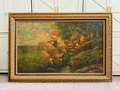 Large Antique European School Oil Painting Shepherdess Sheep Landscape Signed