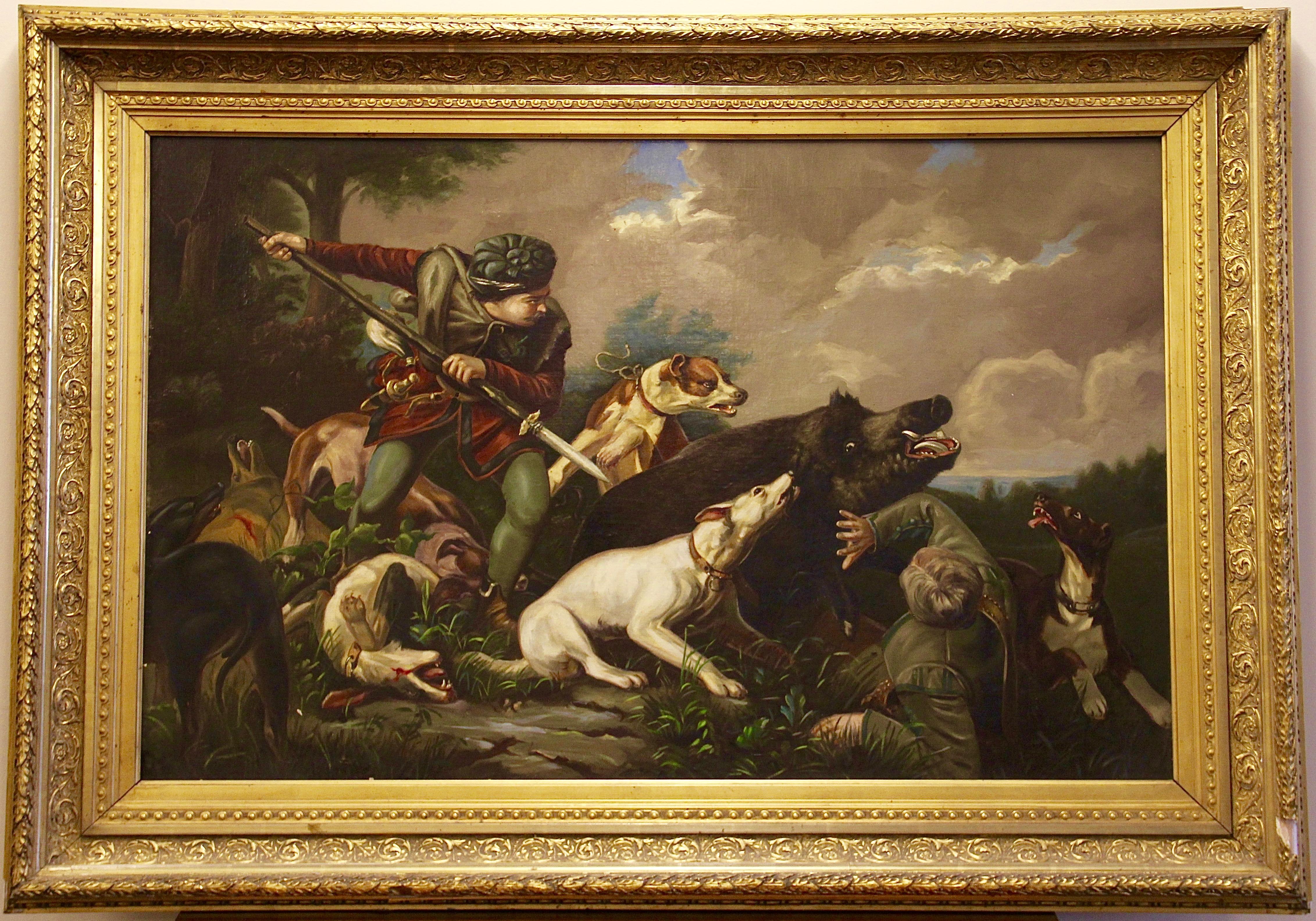 Large, antique oil painting. Oil on canvas. 19th century. Hunting scene.  - Painting by Unknown