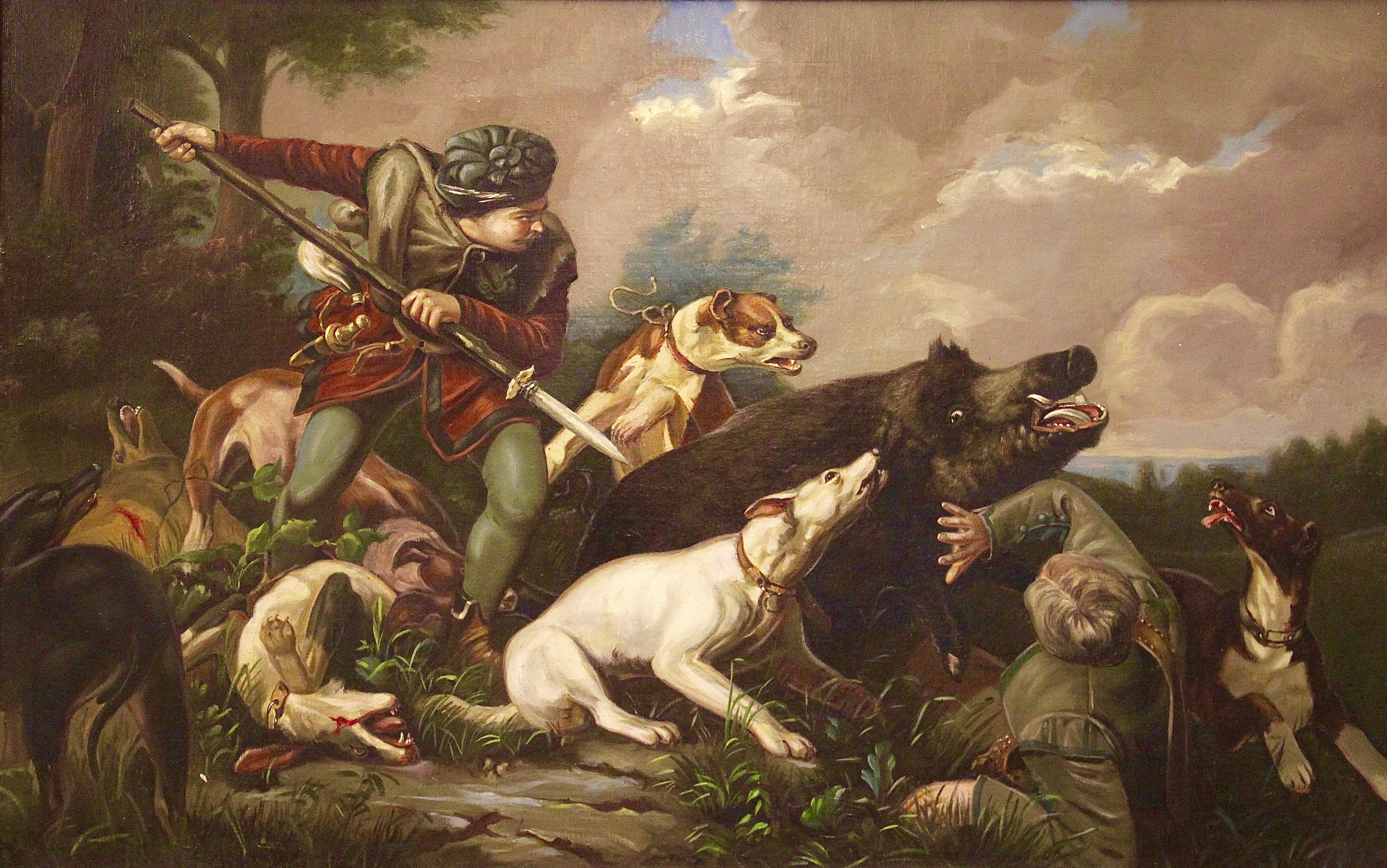 Unknown Figurative Painting - Large, antique oil painting. Oil on canvas. 19th century. Hunting scene. 