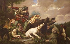 Large, antique oil painting. Oil on canvas. 19th century. Hunting scene. 