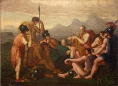 Large, antique painting. 18th century. Greco-Roman war scene. Old masters.