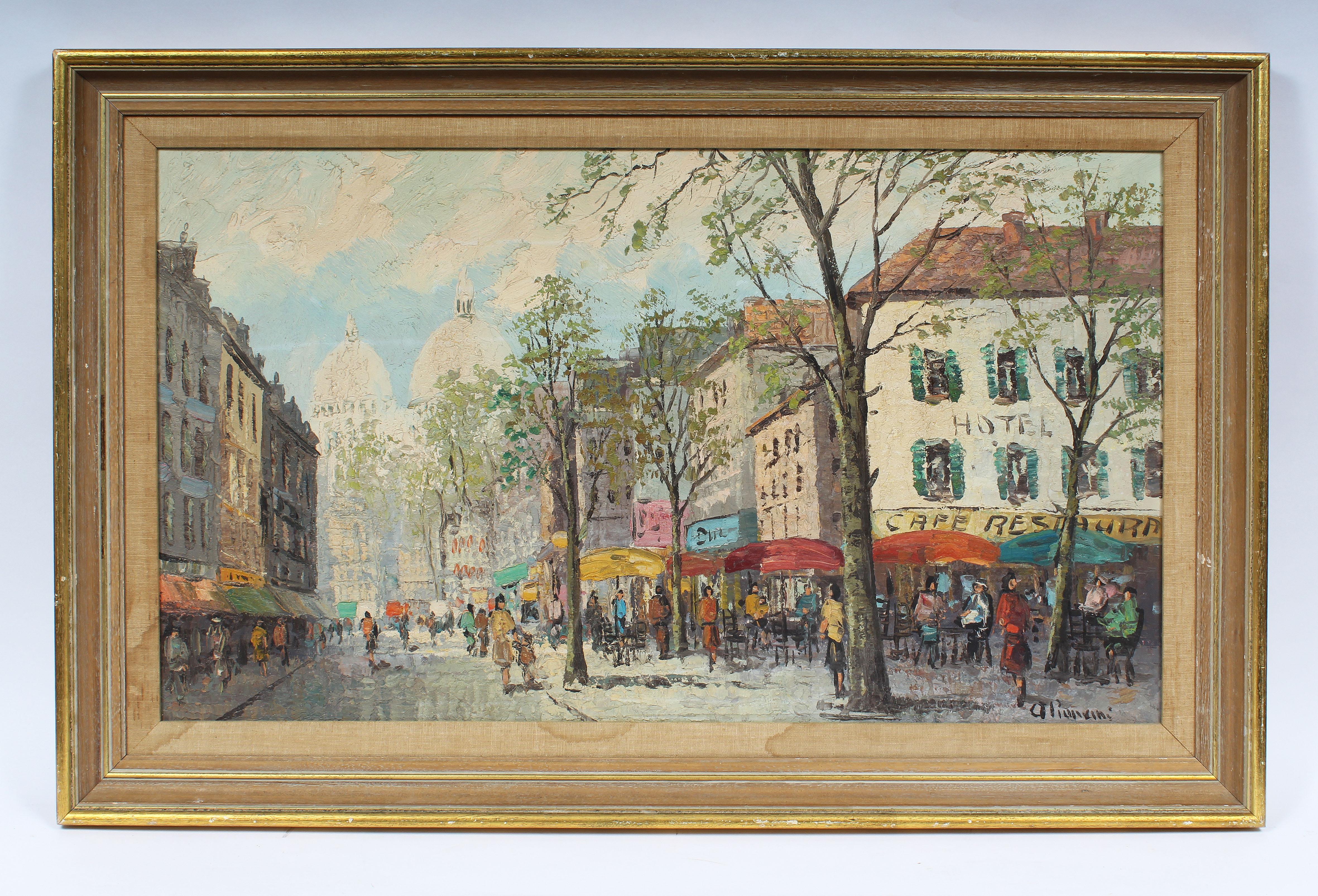 Large Antique Paris Impressionist Cafe Street Scene Signed Original Oil Painting - Brown Landscape Painting by Unknown