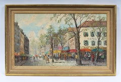 Large Antique Paris Impressionist Cafe Street Scene Signed Original Oil Painting