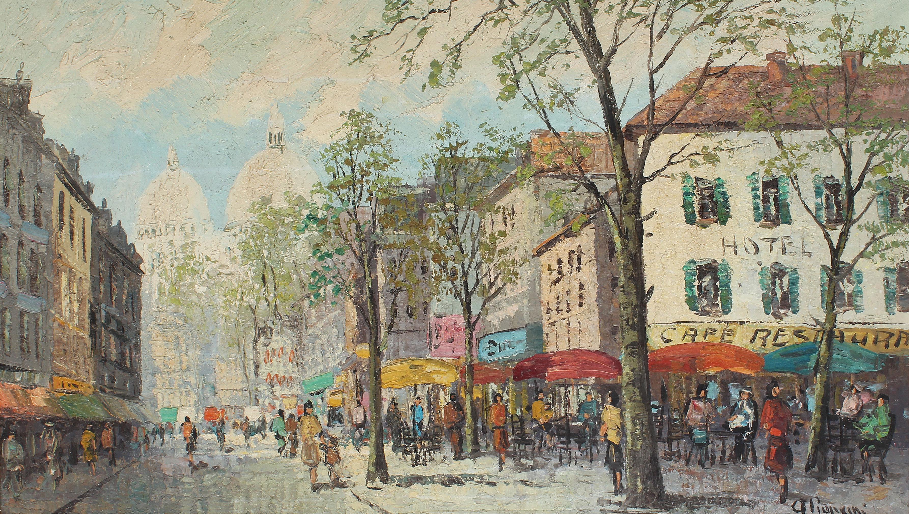Antique French impressionist cityscape oil painting.  Oil on canvas, circa 1940. Signed.  Displayed in a period frame.  Image, 33