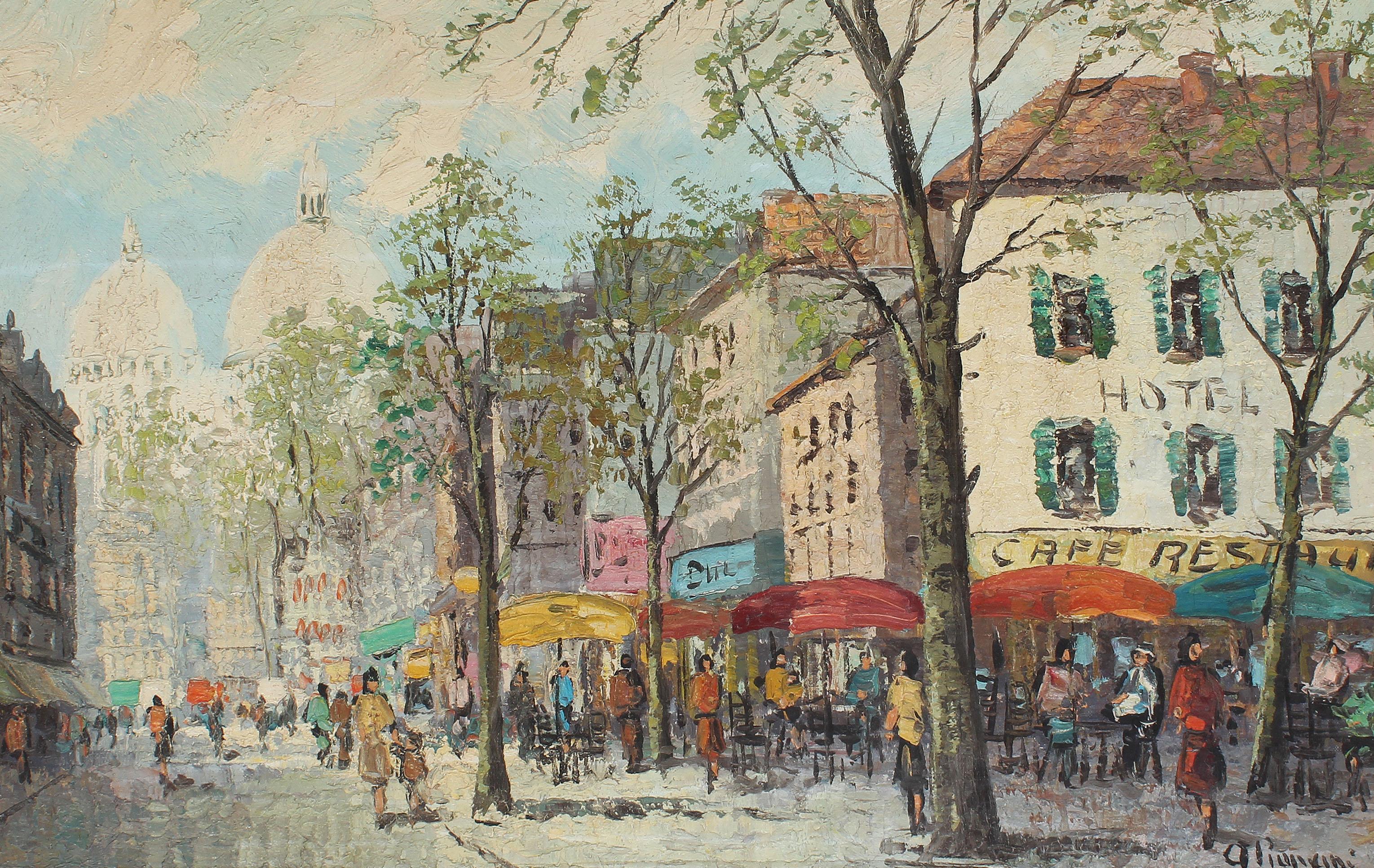 Large Antique Paris Impressionist Cafe Street Scene Signed Original Oil Painting 1