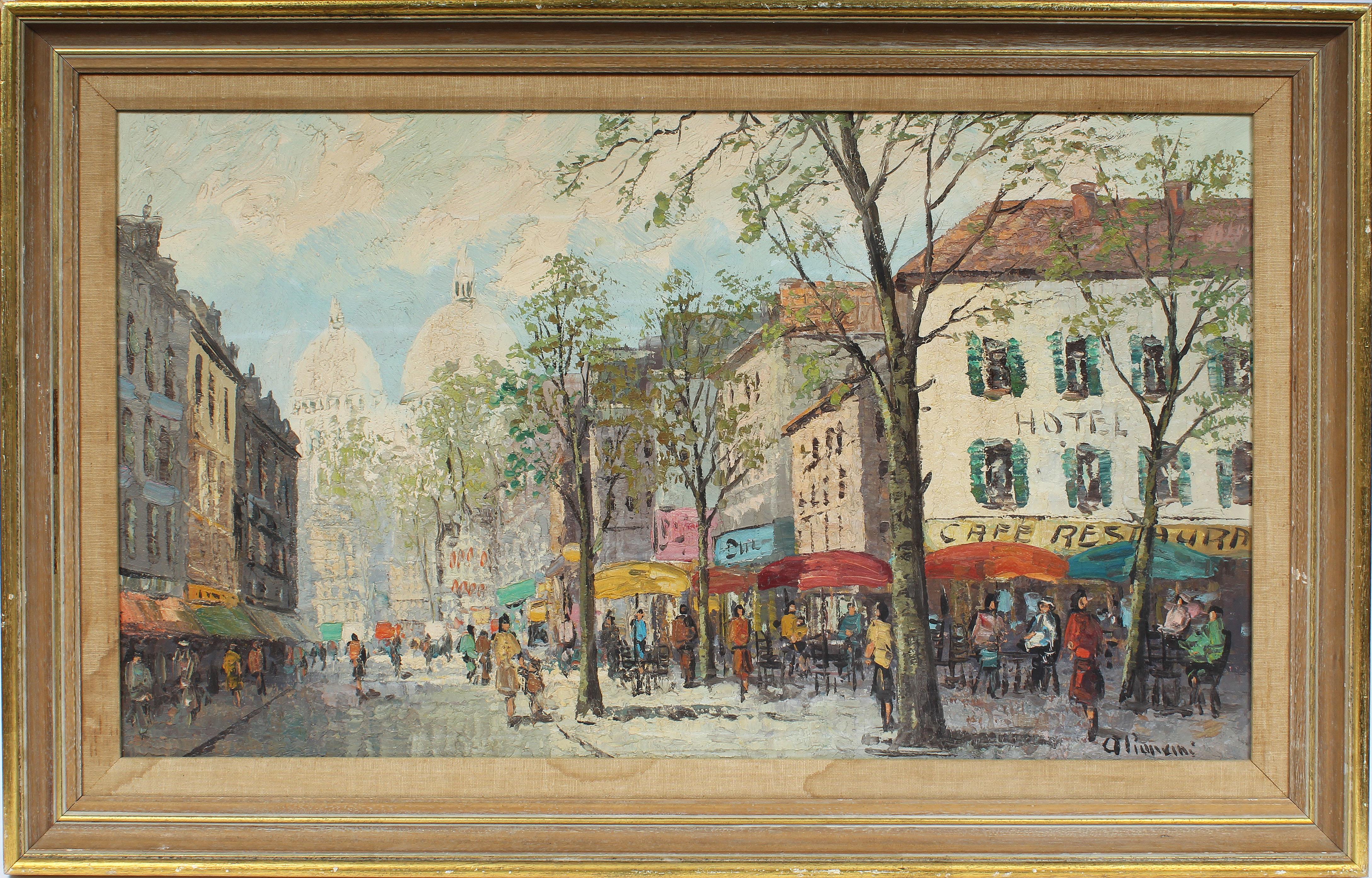 Unknown Landscape Painting - Large Antique Paris Impressionist Cafe Street Scene Signed Original Oil Painting