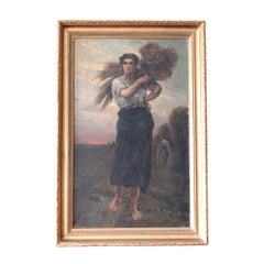 Large Antique Portrait Oil Painting of a Woman carrying firewood, French School