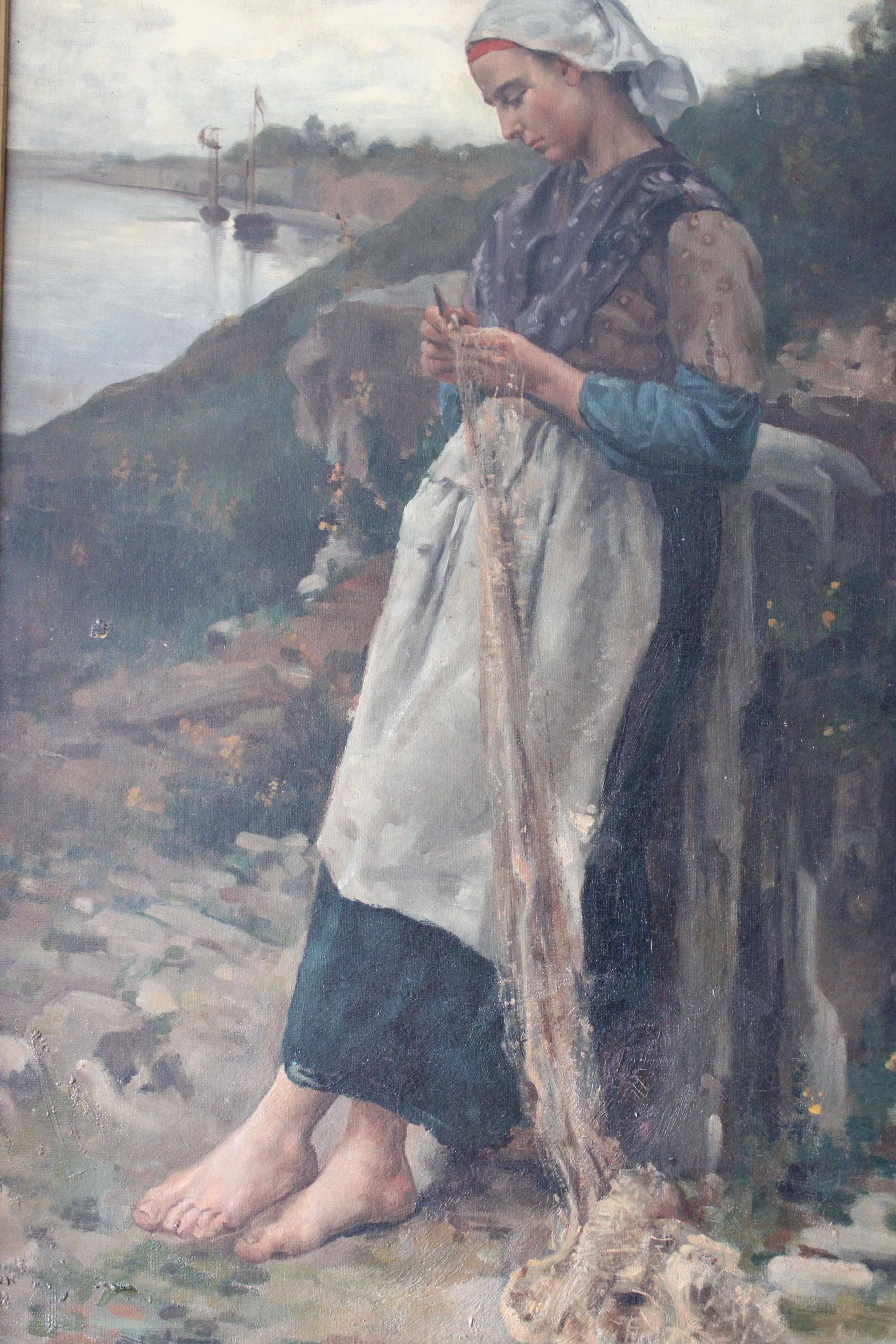 Grande dipinto a olio ritratto di donna, ambientazione costiera, scuola francese 6