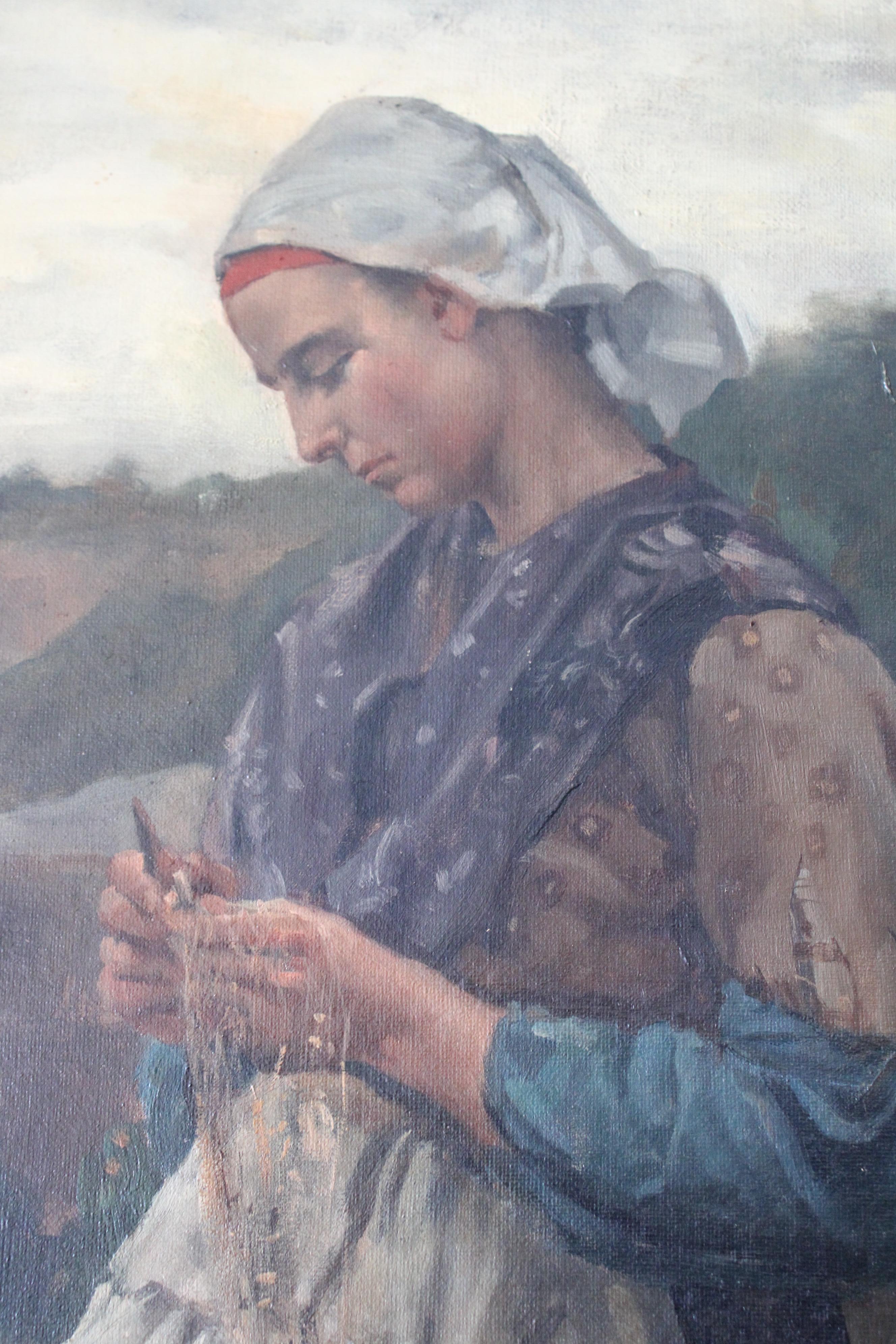Grande dipinto a olio ritratto di donna, ambientazione costiera, scuola francese 7