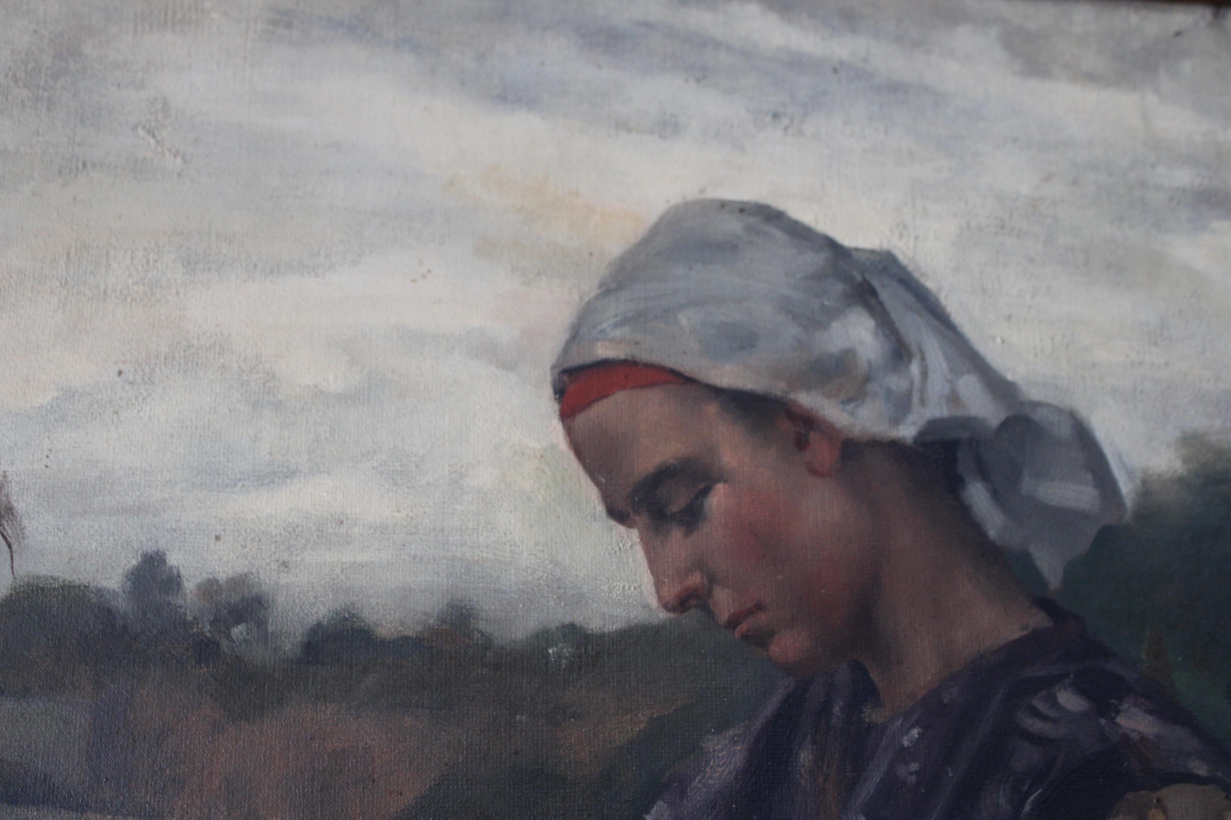 Grande dipinto a olio ritratto di donna, ambientazione costiera, scuola francese 9