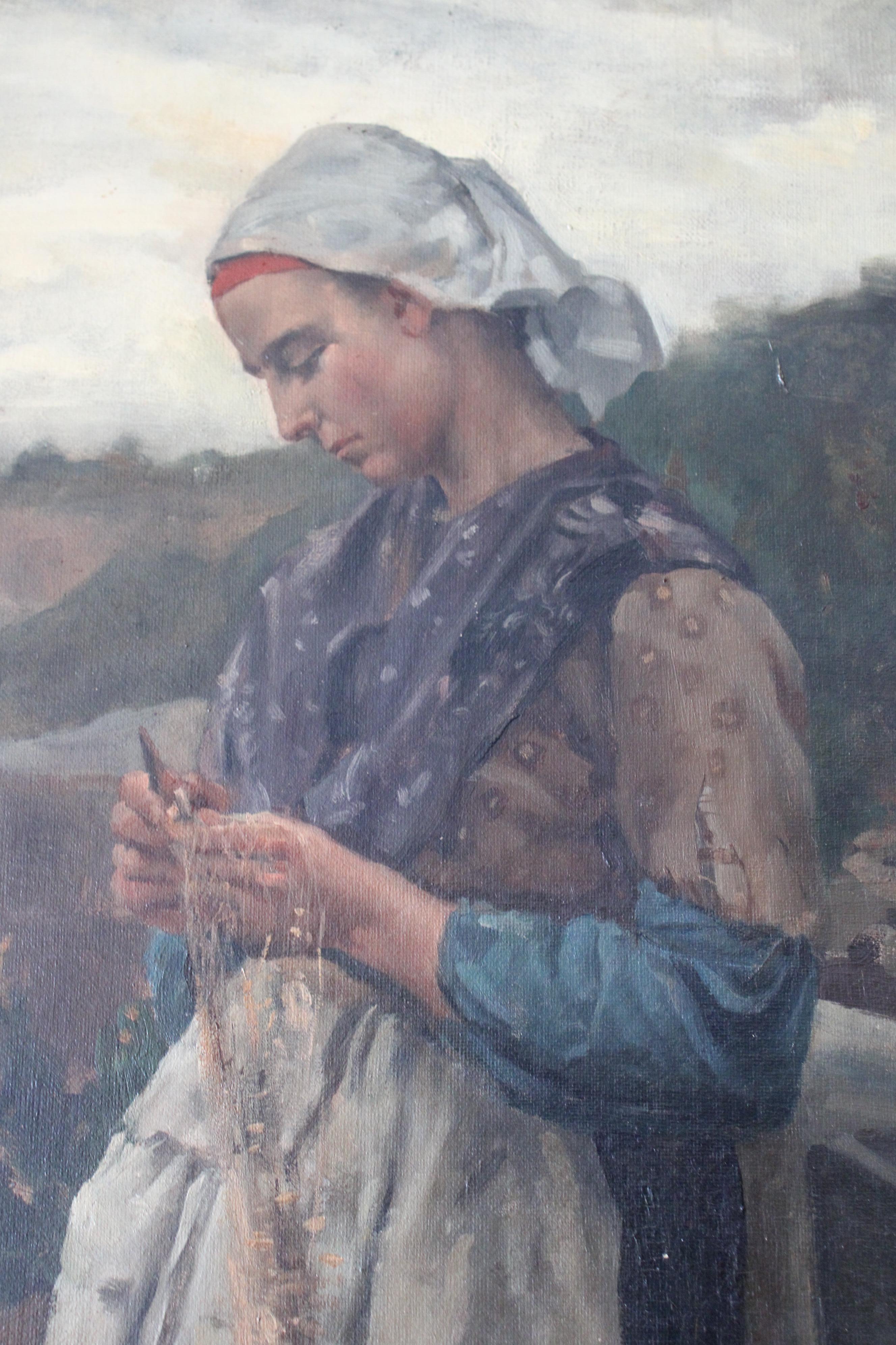 Grande dipinto a olio ritratto di donna, ambientazione costiera, scuola francese - Painting Scuola francese di Unknown