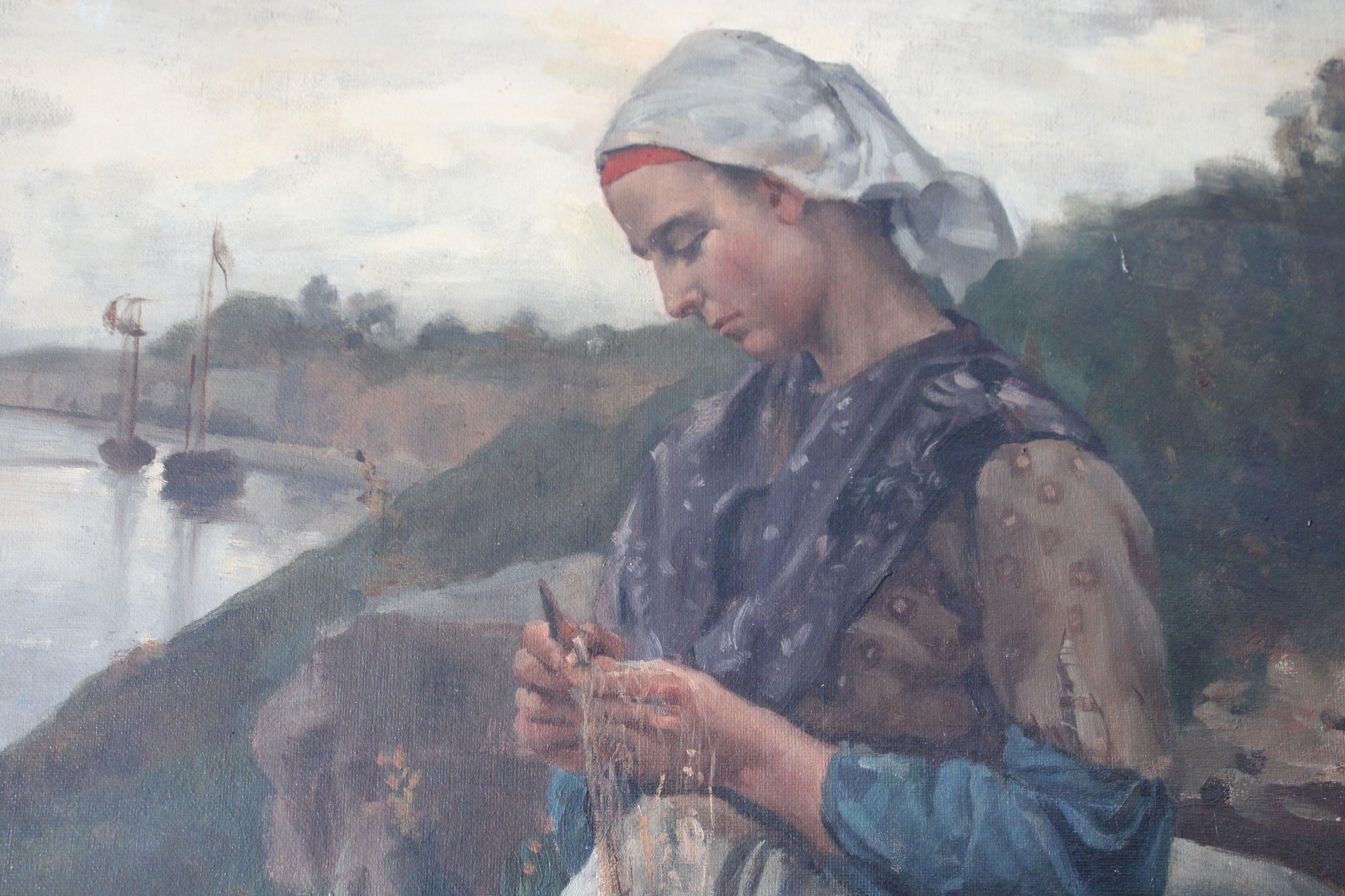 Grande dipinto a olio ritratto di donna, ambientazione costiera, scuola francese 1