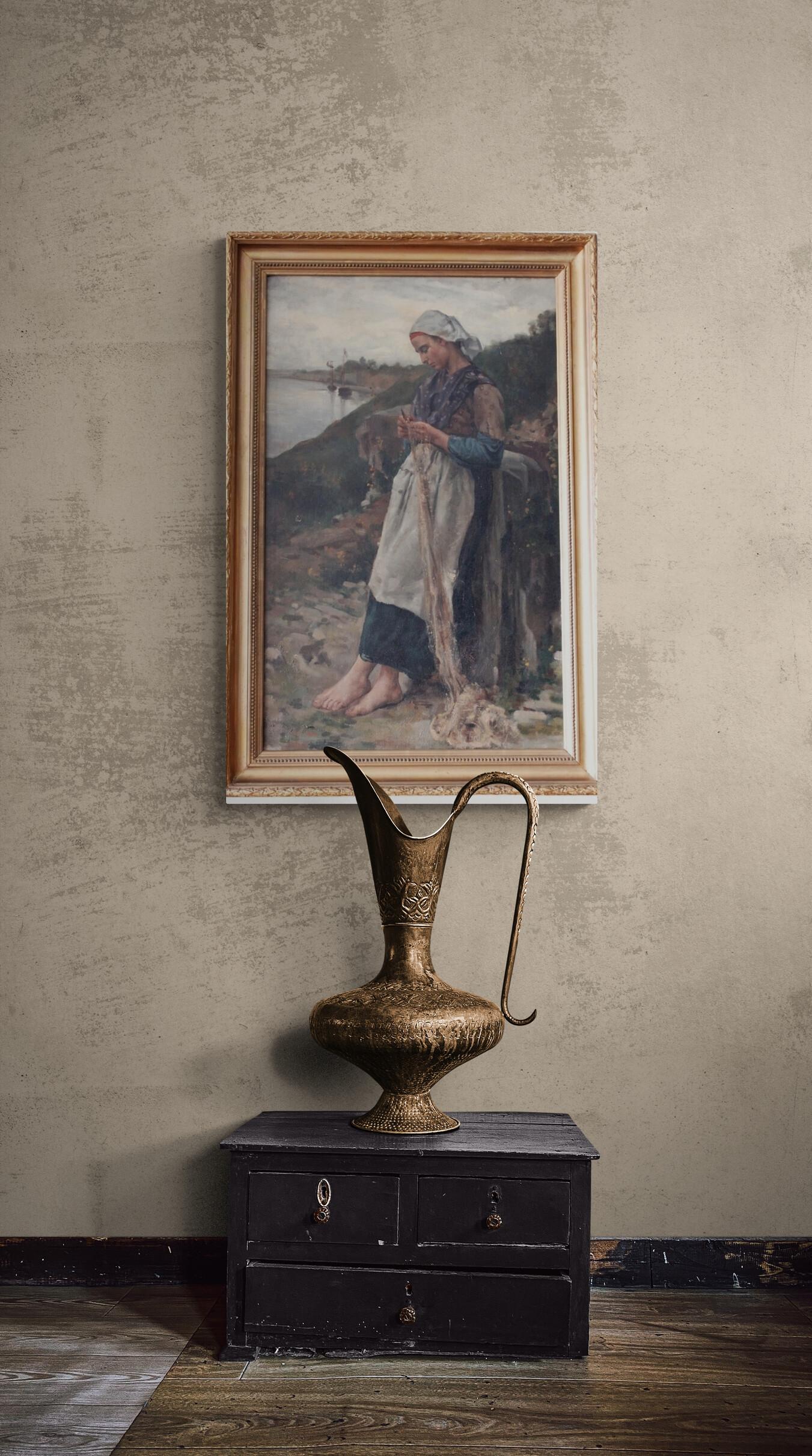 Grande dipinto a olio ritratto di donna, ambientazione costiera, scuola francese 2
