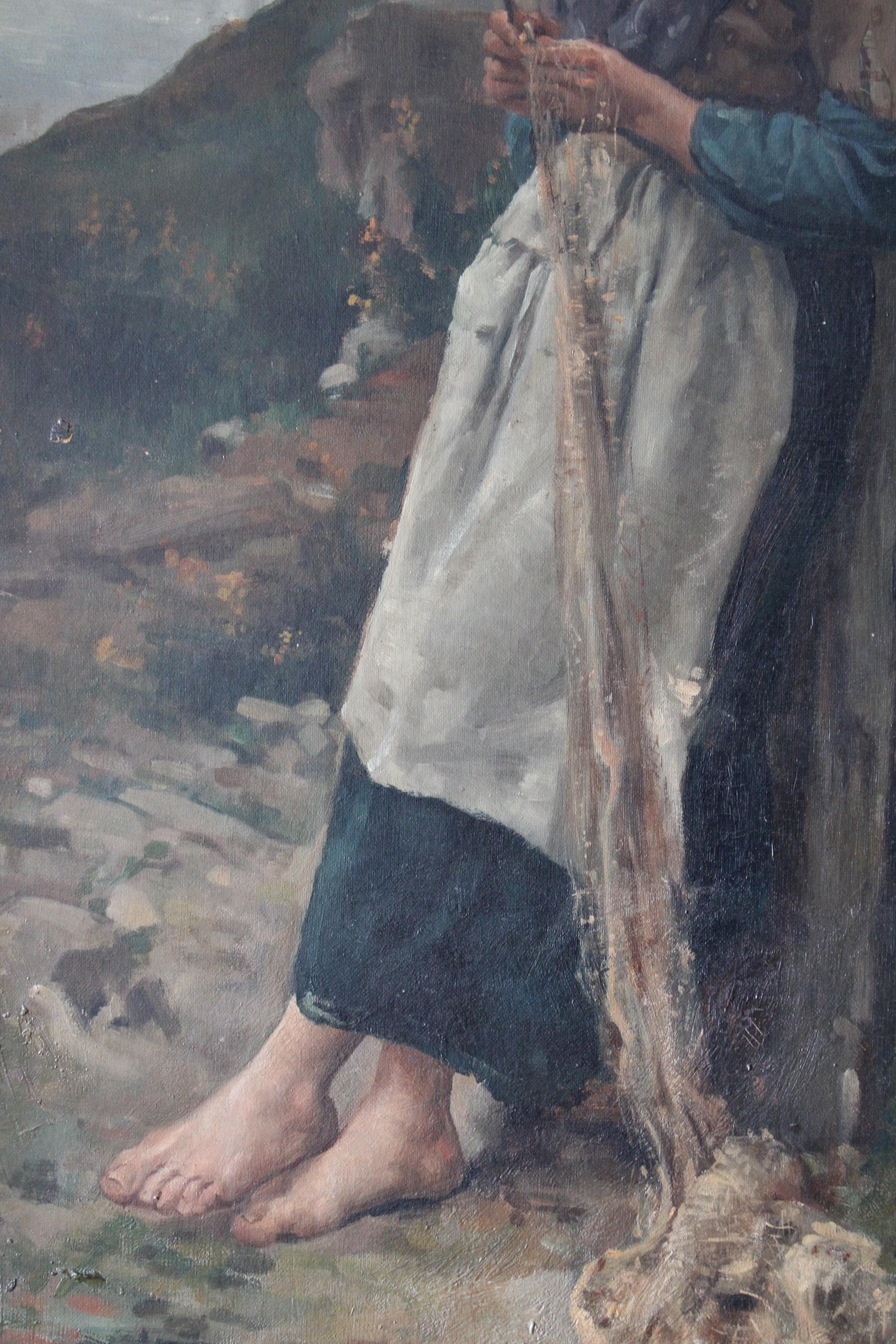 Grande dipinto a olio ritratto di donna, ambientazione costiera, scuola francese 4