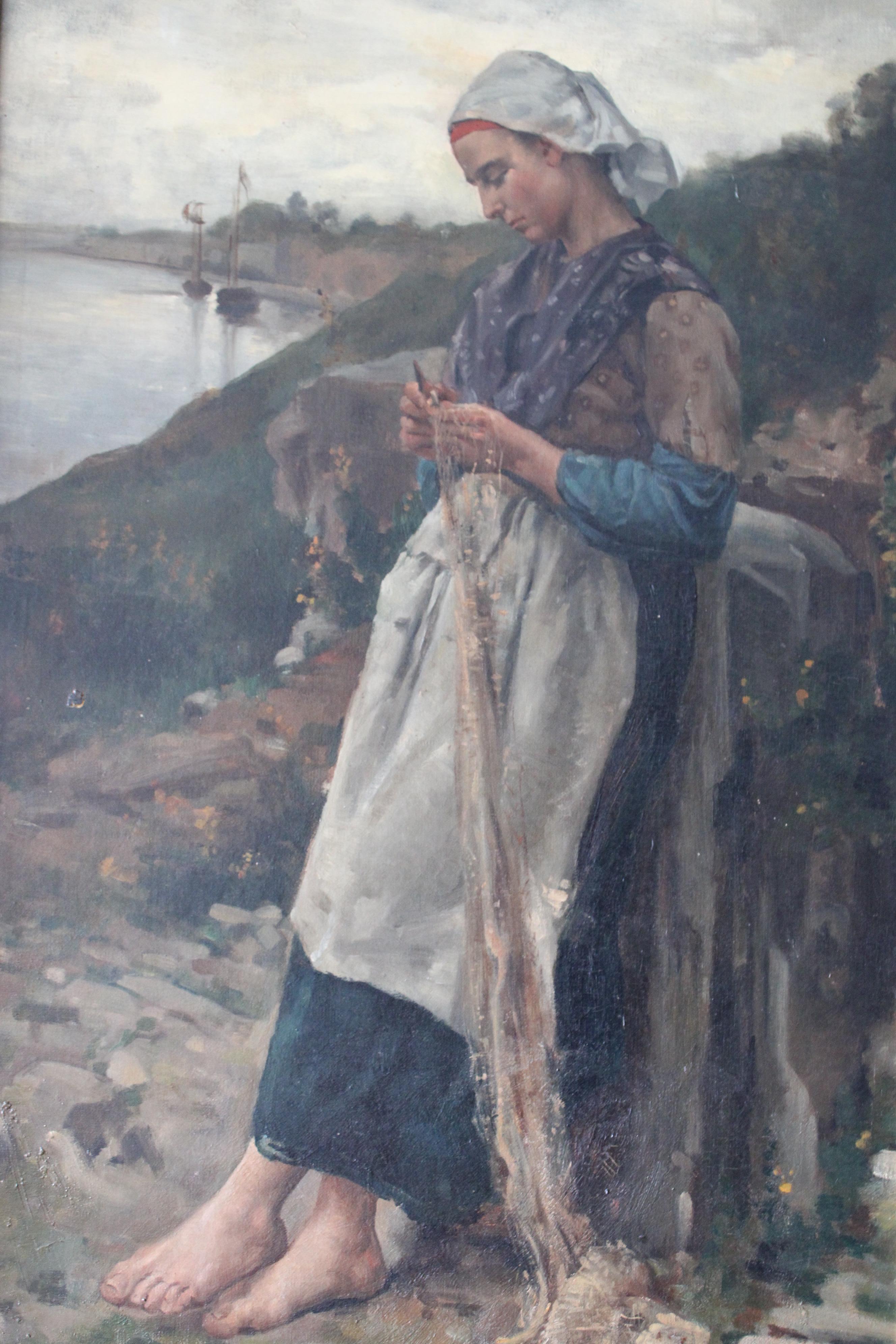 Grande dipinto a olio ritratto di donna, ambientazione costiera, scuola francese 5
