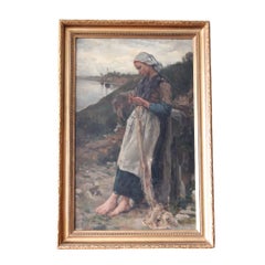Grande dipinto a olio ritratto di donna, ambientazione costiera, scuola francese