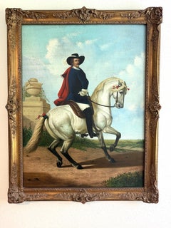 Large Antique Signed European Equestrian Portrait Oil Painting Late 19th Century