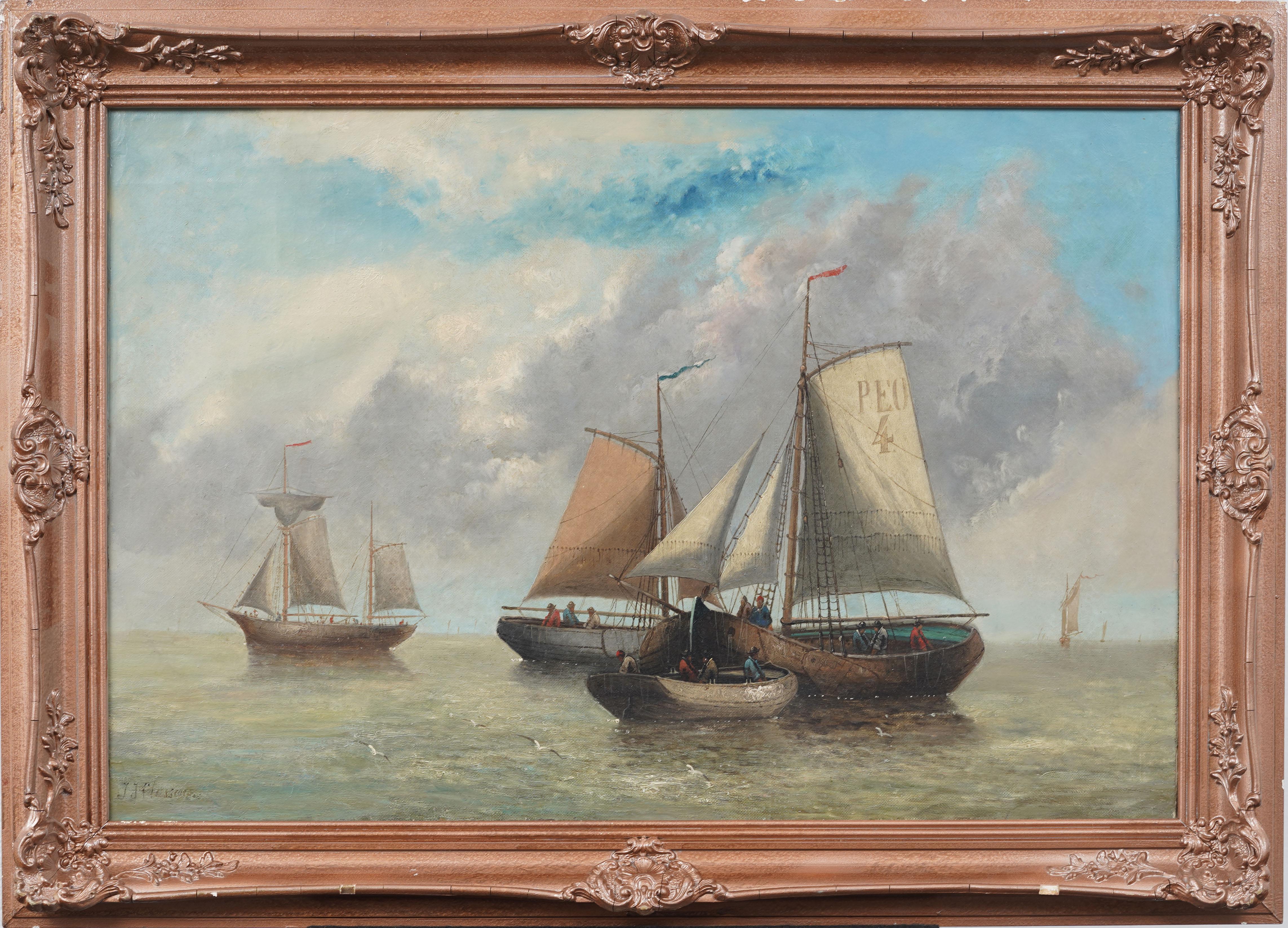 Large Antique Signed Impressionist Nicely Framed Seascape Sailboat Oil Painting - Brown Landscape Painting by Unknown