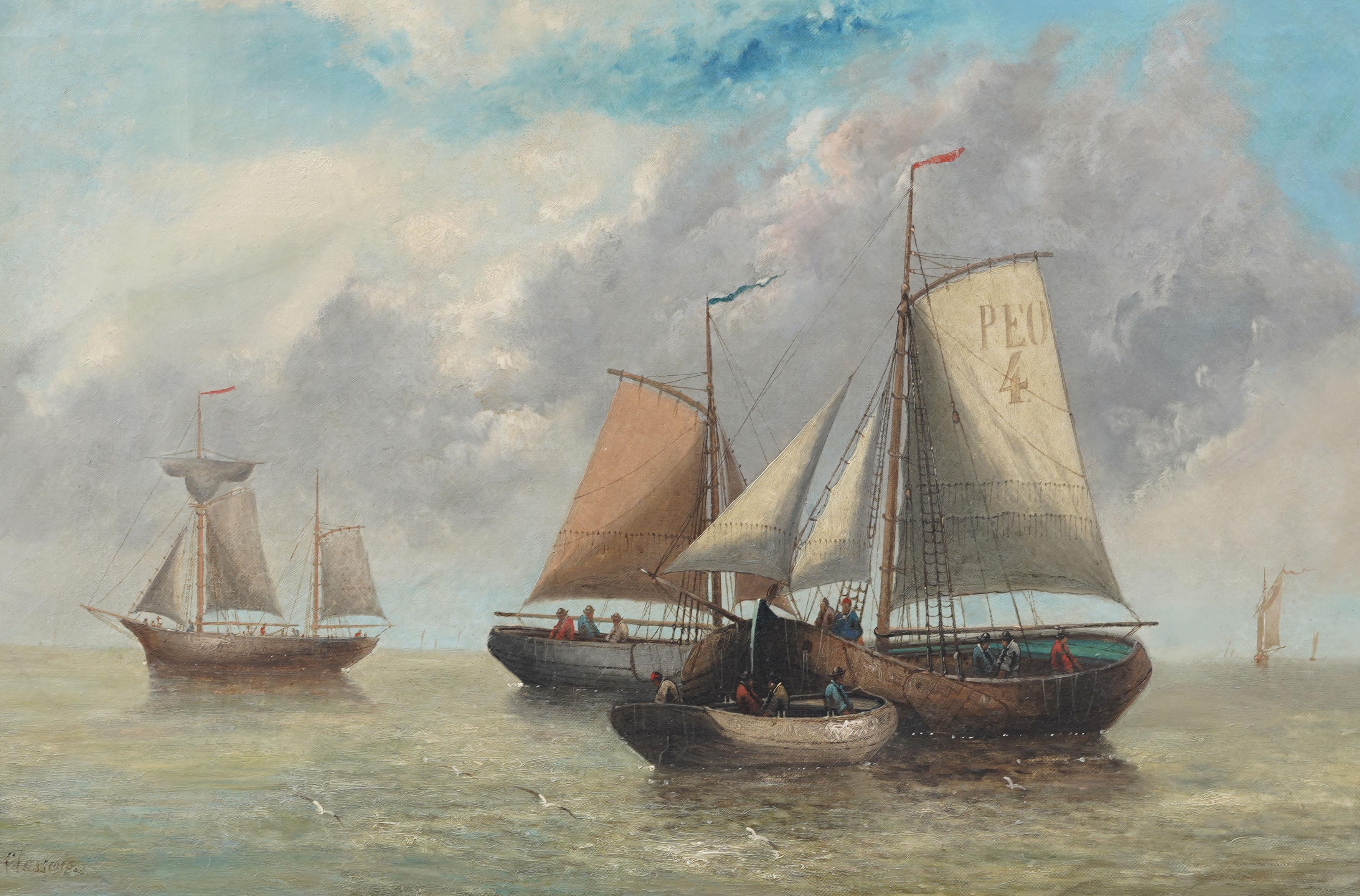 Large Antique Signed Impressionist Nicely Framed Seascape Sailboat Oil Painting For Sale 1