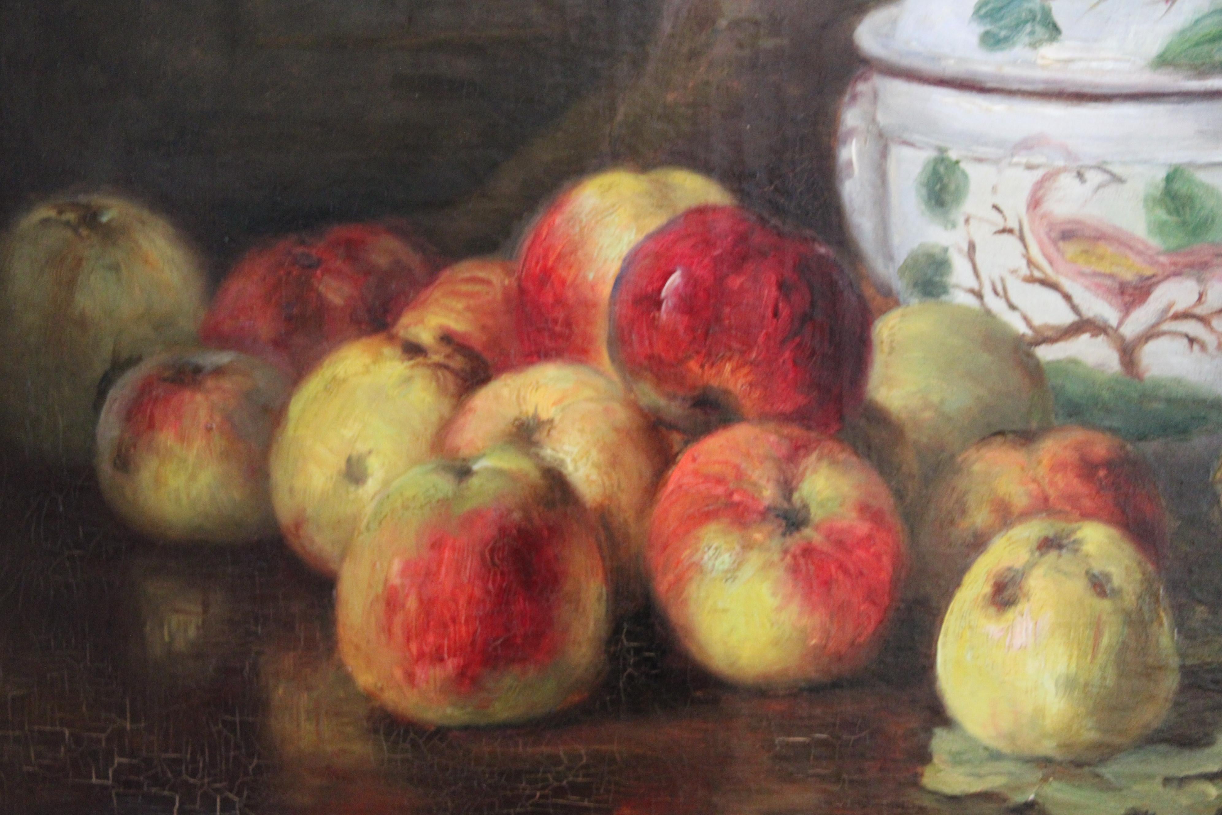 Grande Nature Morte Ancienne Pommes Fruits 19ème Siècle Peinture à l'huile encadrée en vente 5