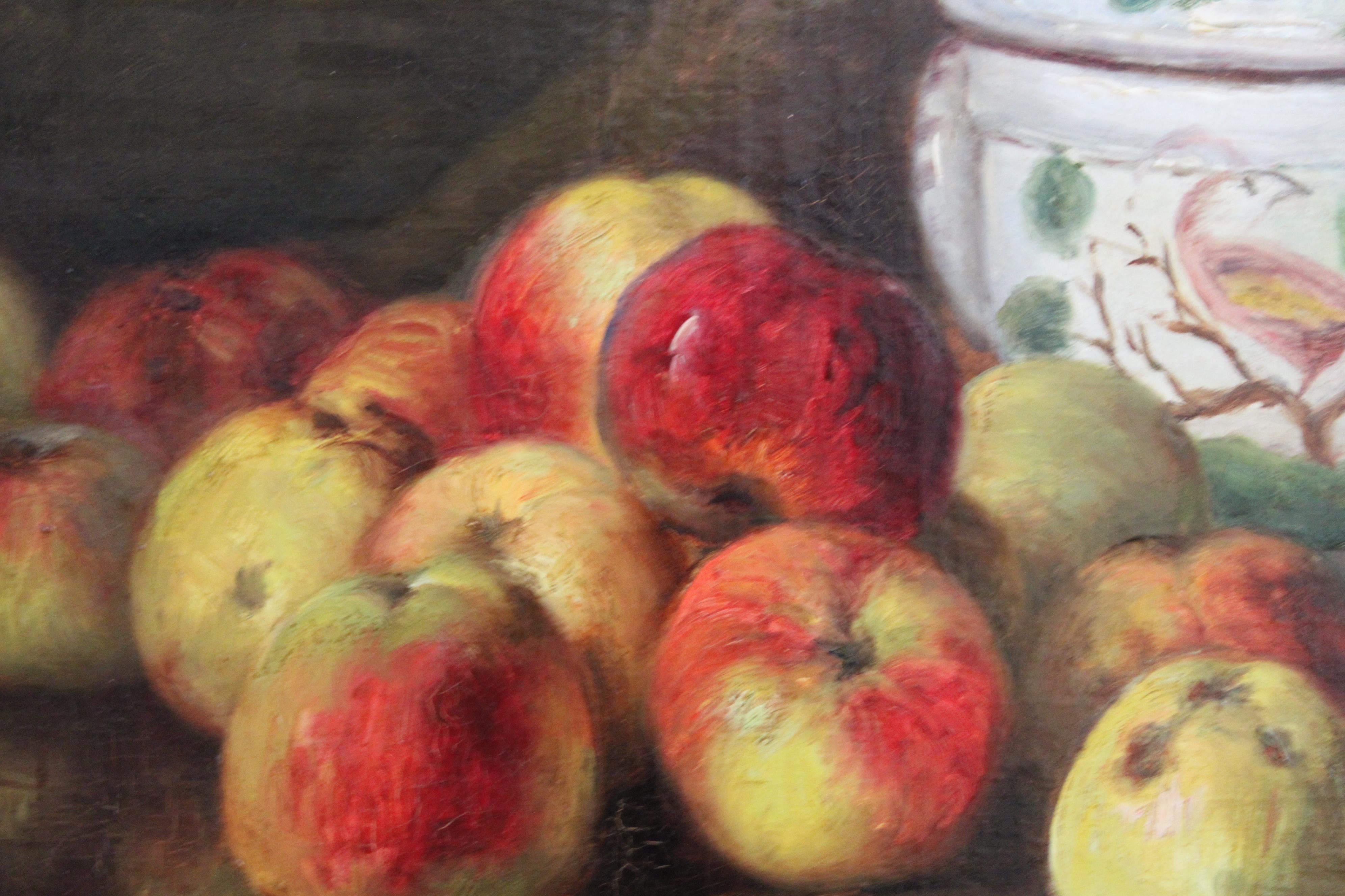 Grande Nature Morte Ancienne Pommes Fruits 19ème Siècle Peinture à l'huile encadrée en vente 7