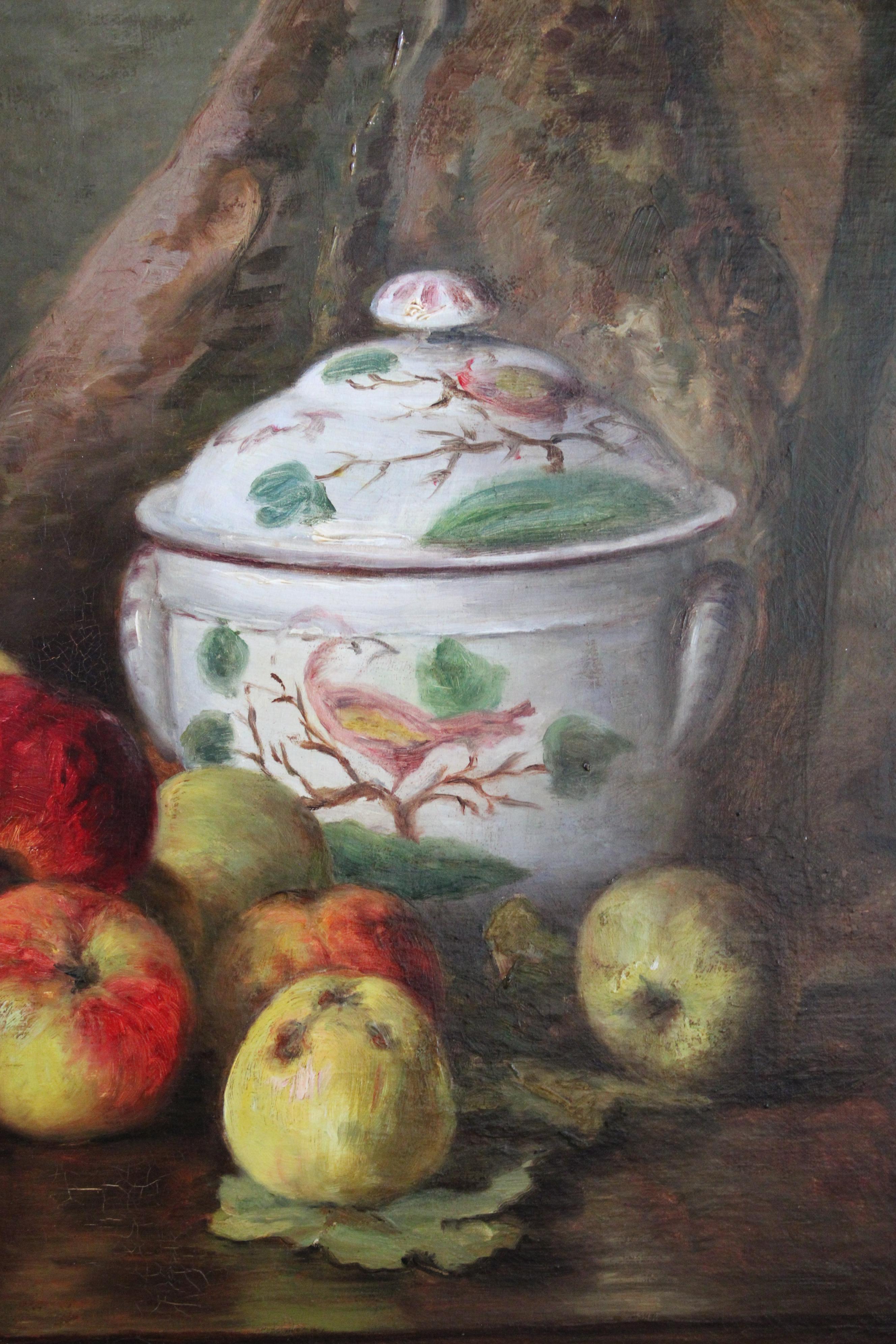 Grande Nature Morte Ancienne Pommes Fruits 19ème Siècle Peinture à l'huile encadrée en vente 8