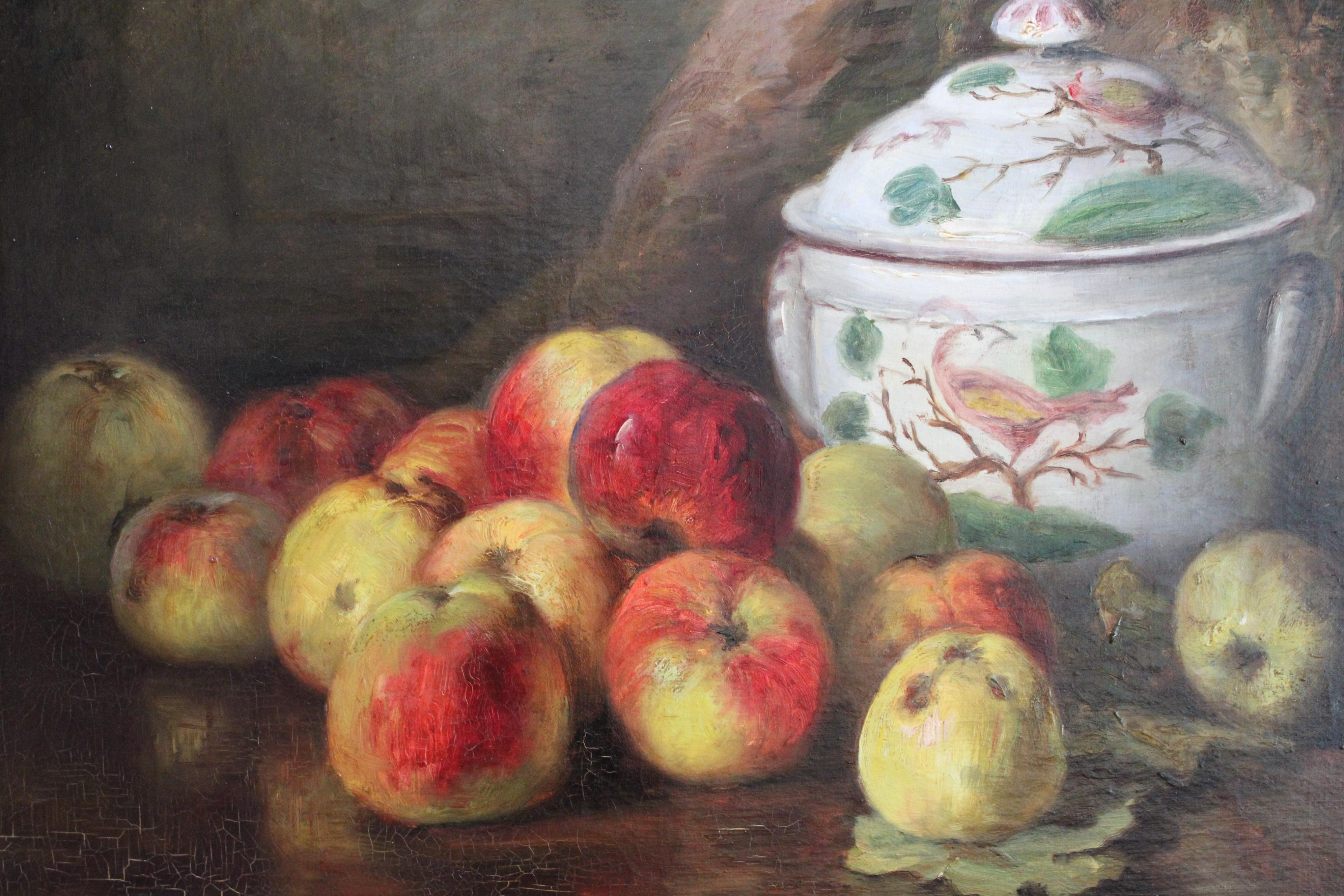 Grande Nature Morte Ancienne Pommes Fruits 19ème Siècle Peinture à l'huile encadrée en vente 3