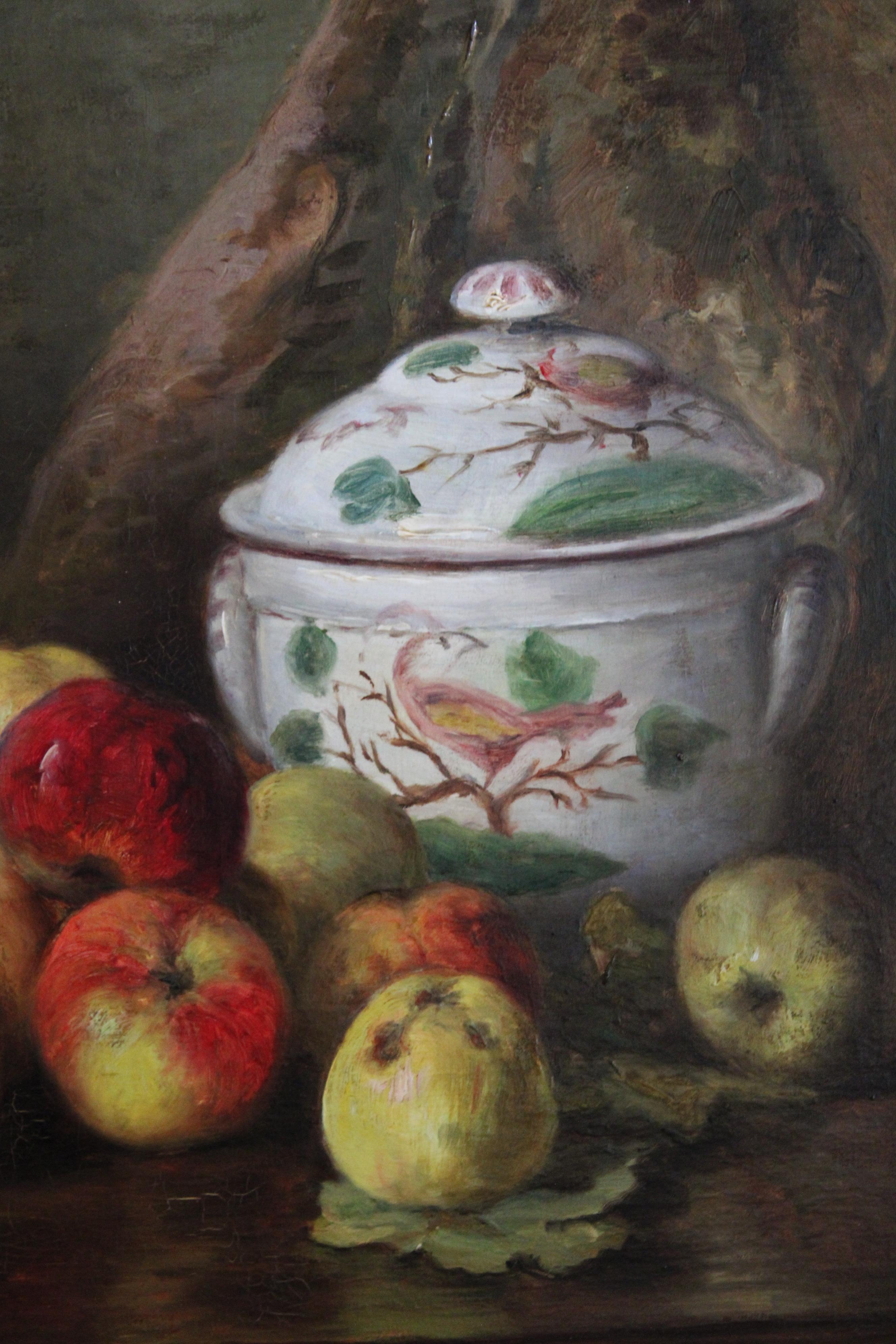 Grande Nature Morte Ancienne Pommes Fruits 19ème Siècle Peinture à l'huile encadrée en vente 4