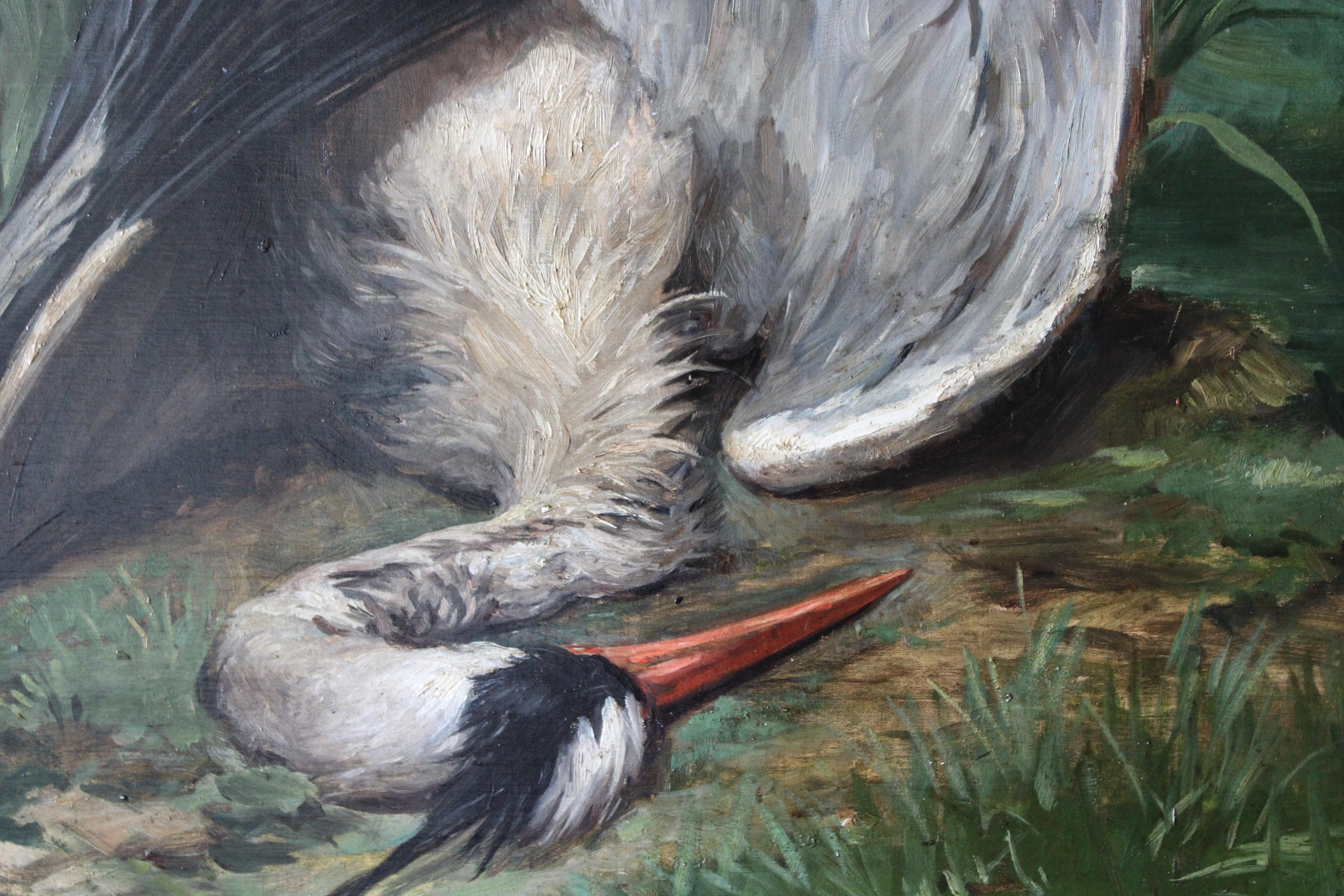 Grande Nature Morte d'Oiseau Ancienne Peinture à l'Huile Héron Ferme Scène de Chasse 1904 en vente 8