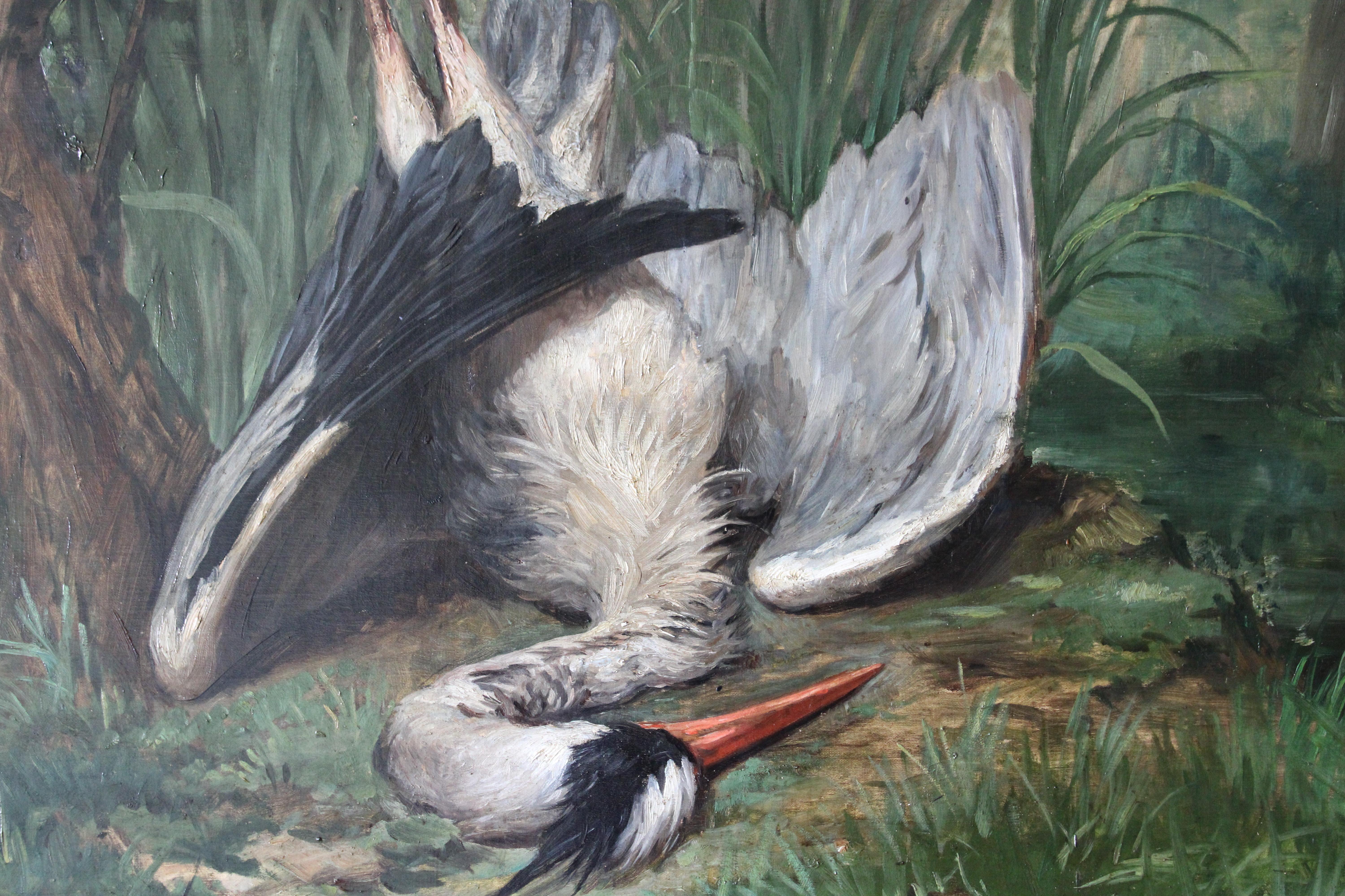 Grande Nature Morte d'Oiseau Ancienne Peinture à l'Huile Héron Ferme Scène de Chasse 1904 en vente 9
