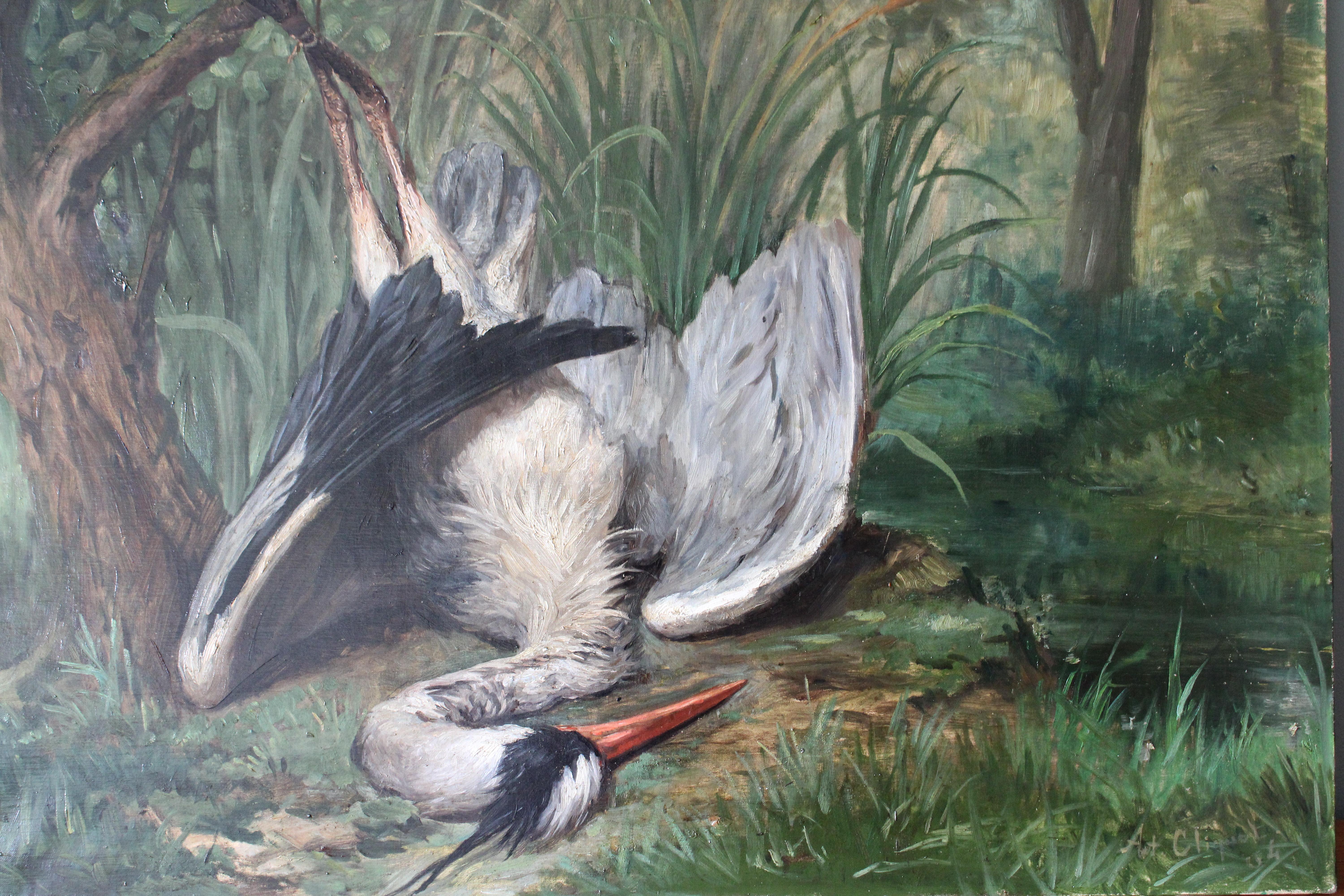 Grande Nature Morte d'Oiseau Ancienne Peinture à l'Huile Héron Ferme Scène de Chasse 1904 - Painting de Unknown