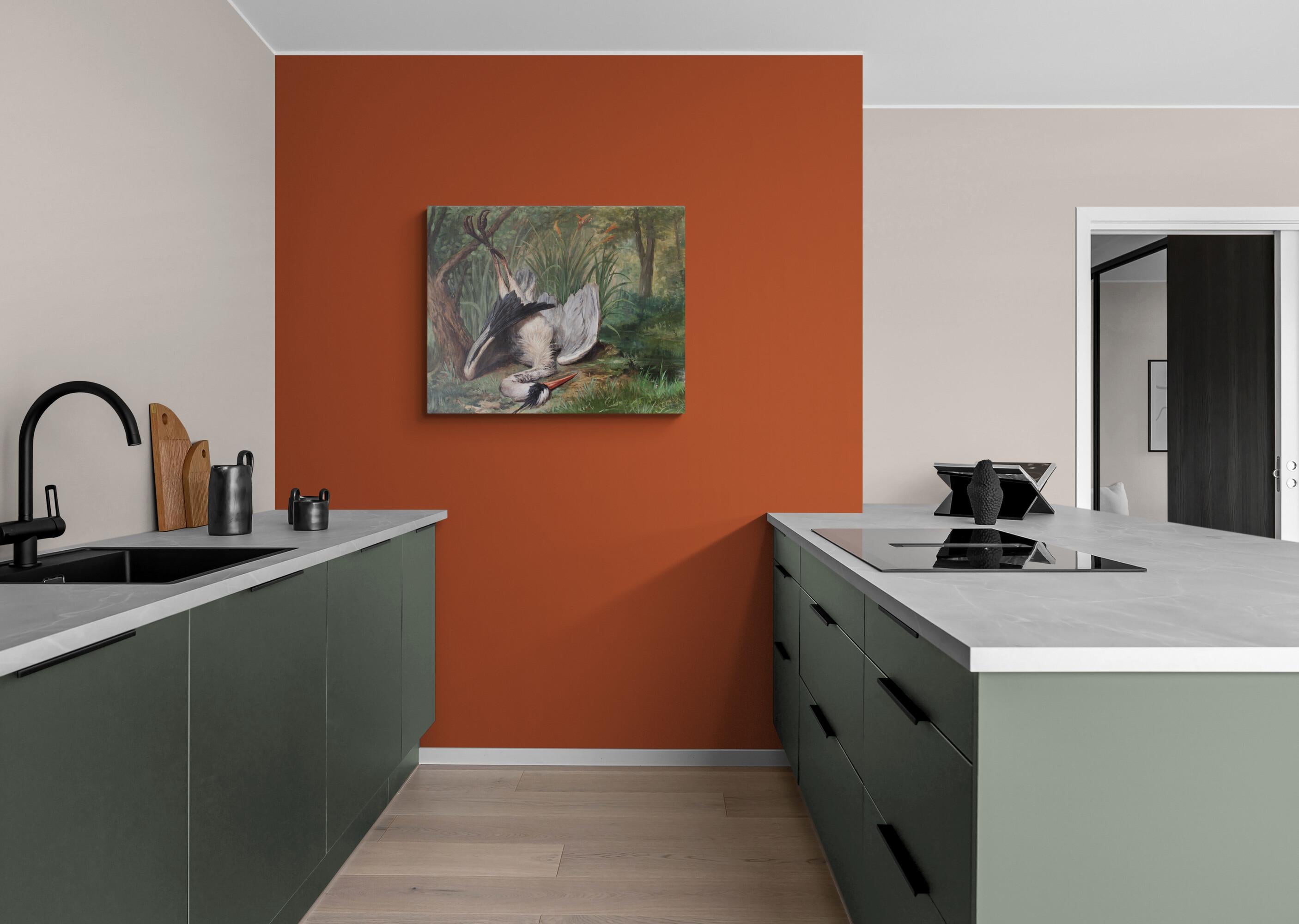 Grande Nature Morte d'Oiseau Ancienne Peinture à l'Huile Héron Ferme Scène de Chasse 1904 - École française Painting par Unknown