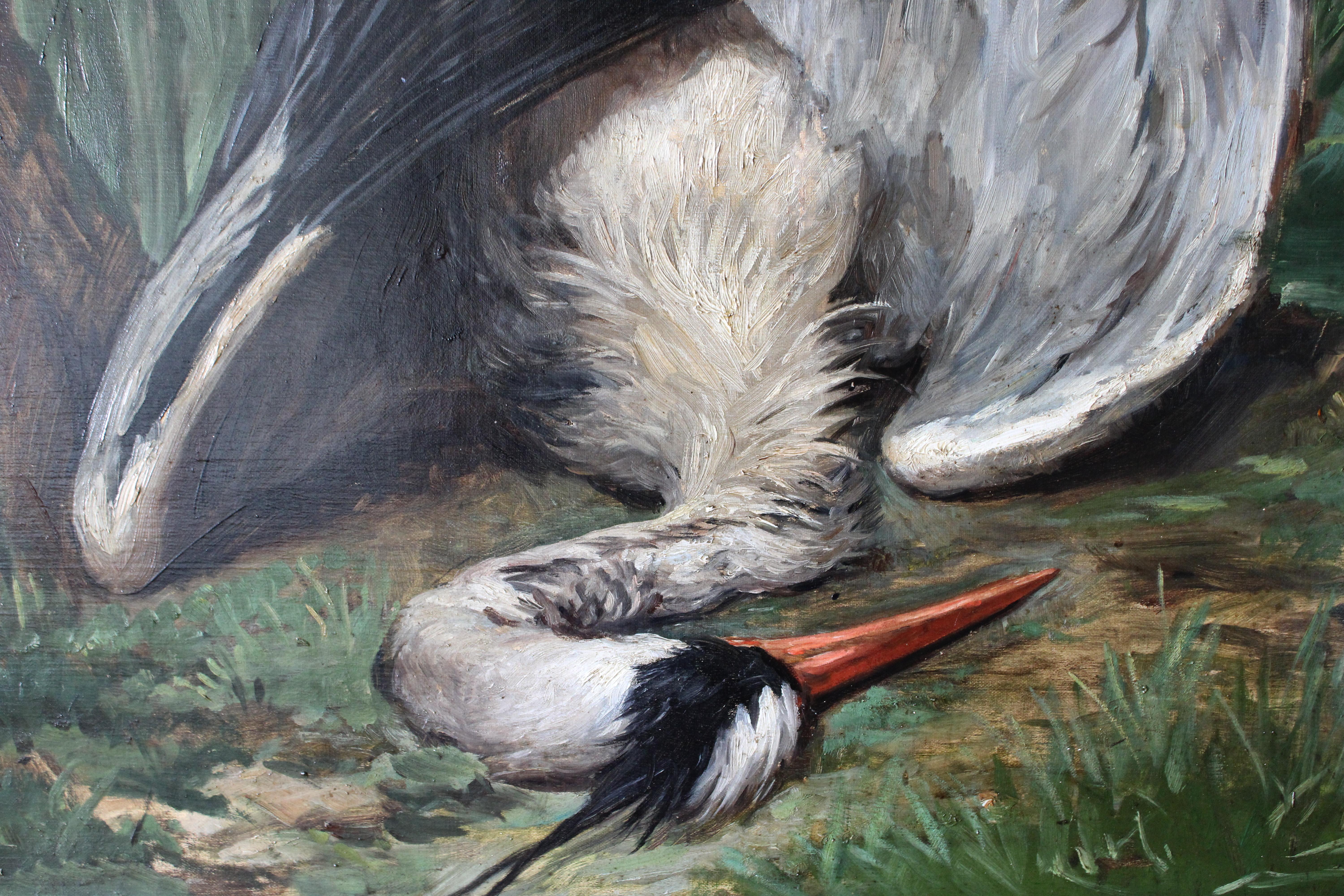 Grande Nature Morte d'Oiseau Ancienne Peinture à l'Huile Héron Ferme Scène de Chasse 1904 en vente 1