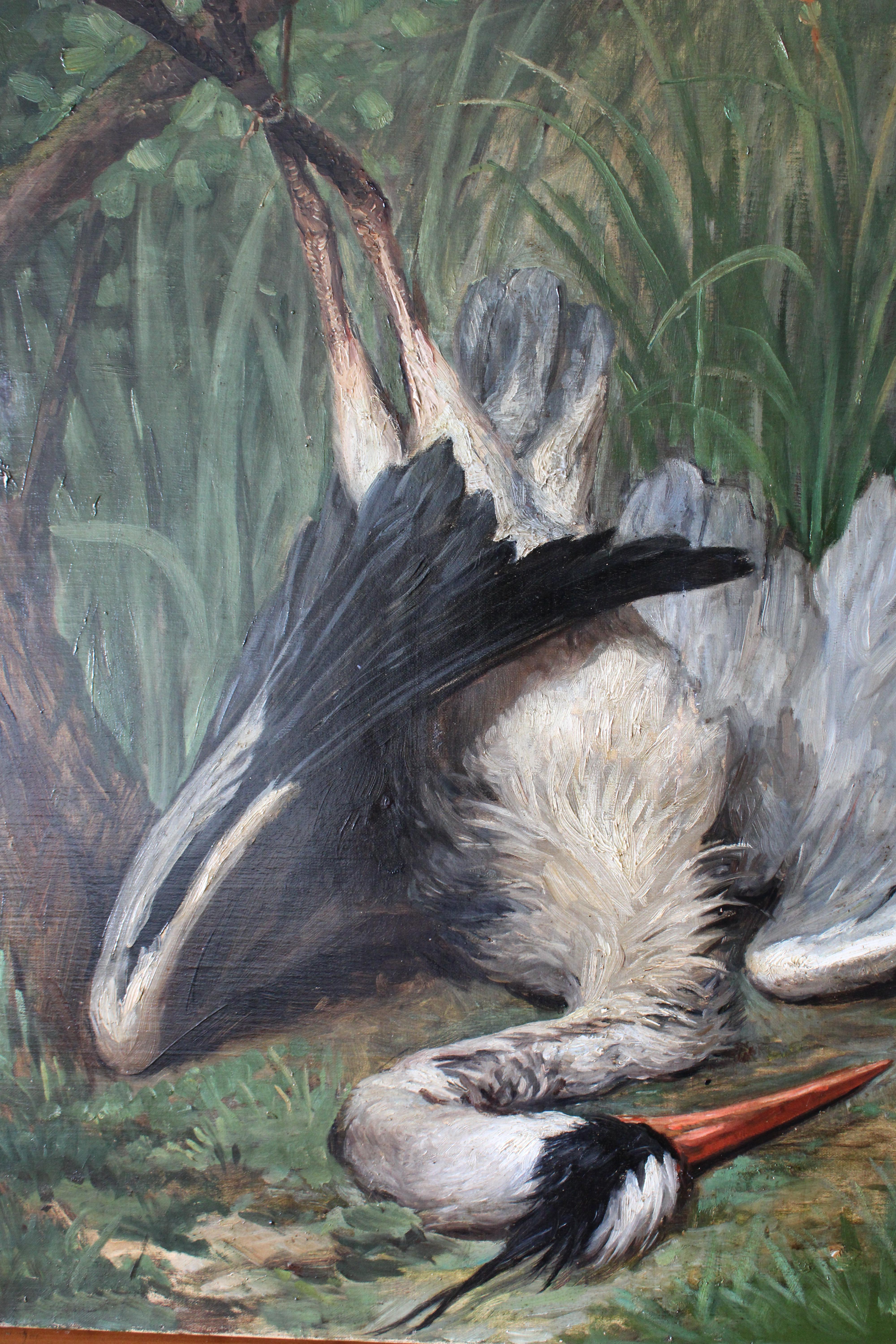 Grande Nature Morte d'Oiseau Ancienne Peinture à l'Huile Héron Ferme Scène de Chasse 1904 en vente 2