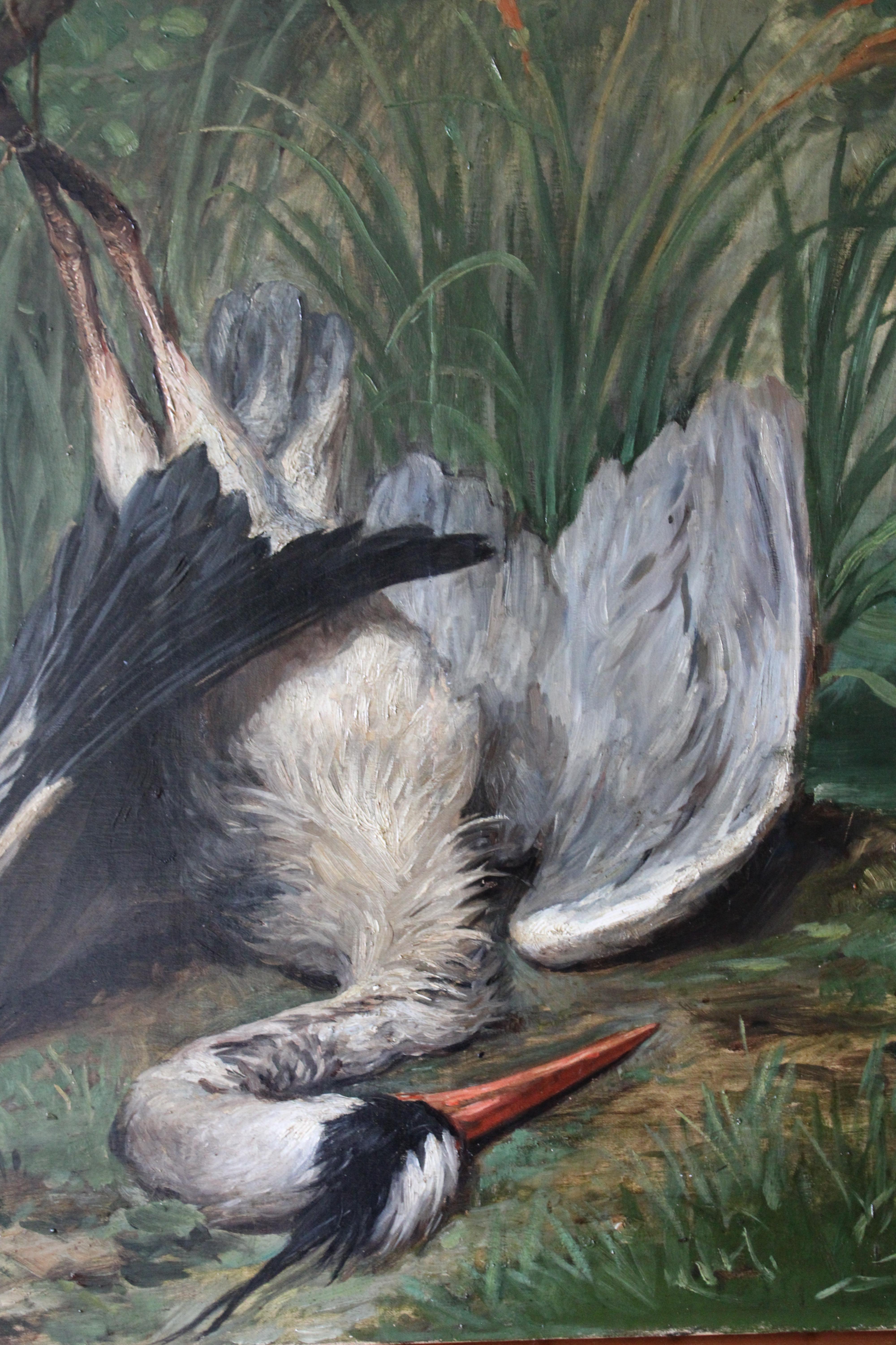 Grande Nature Morte d'Oiseau Ancienne Peinture à l'Huile Héron Ferme Scène de Chasse 1904 en vente 4
