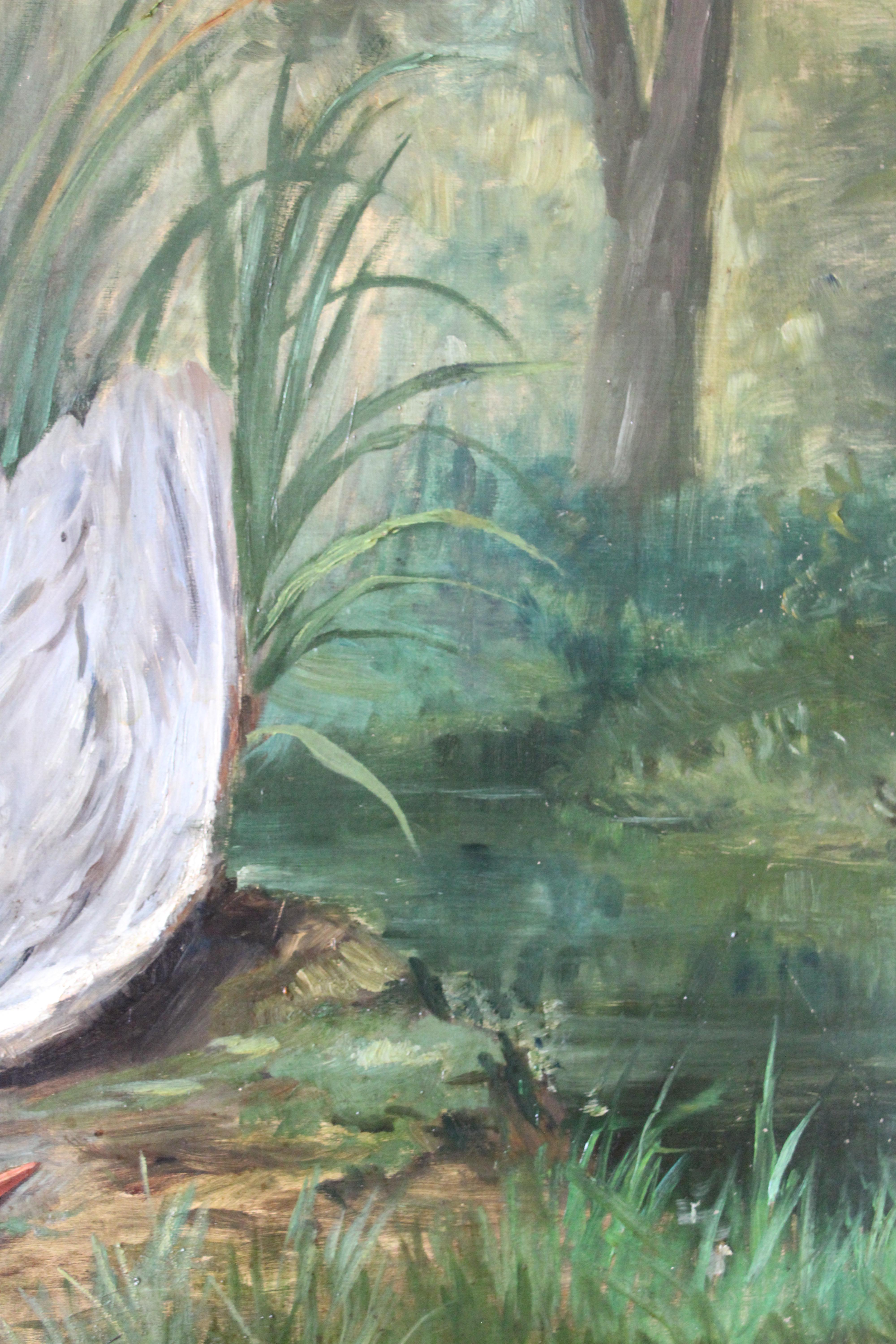 Grande Nature Morte d'Oiseau Ancienne Peinture à l'Huile Héron Ferme Scène de Chasse 1904 en vente 6